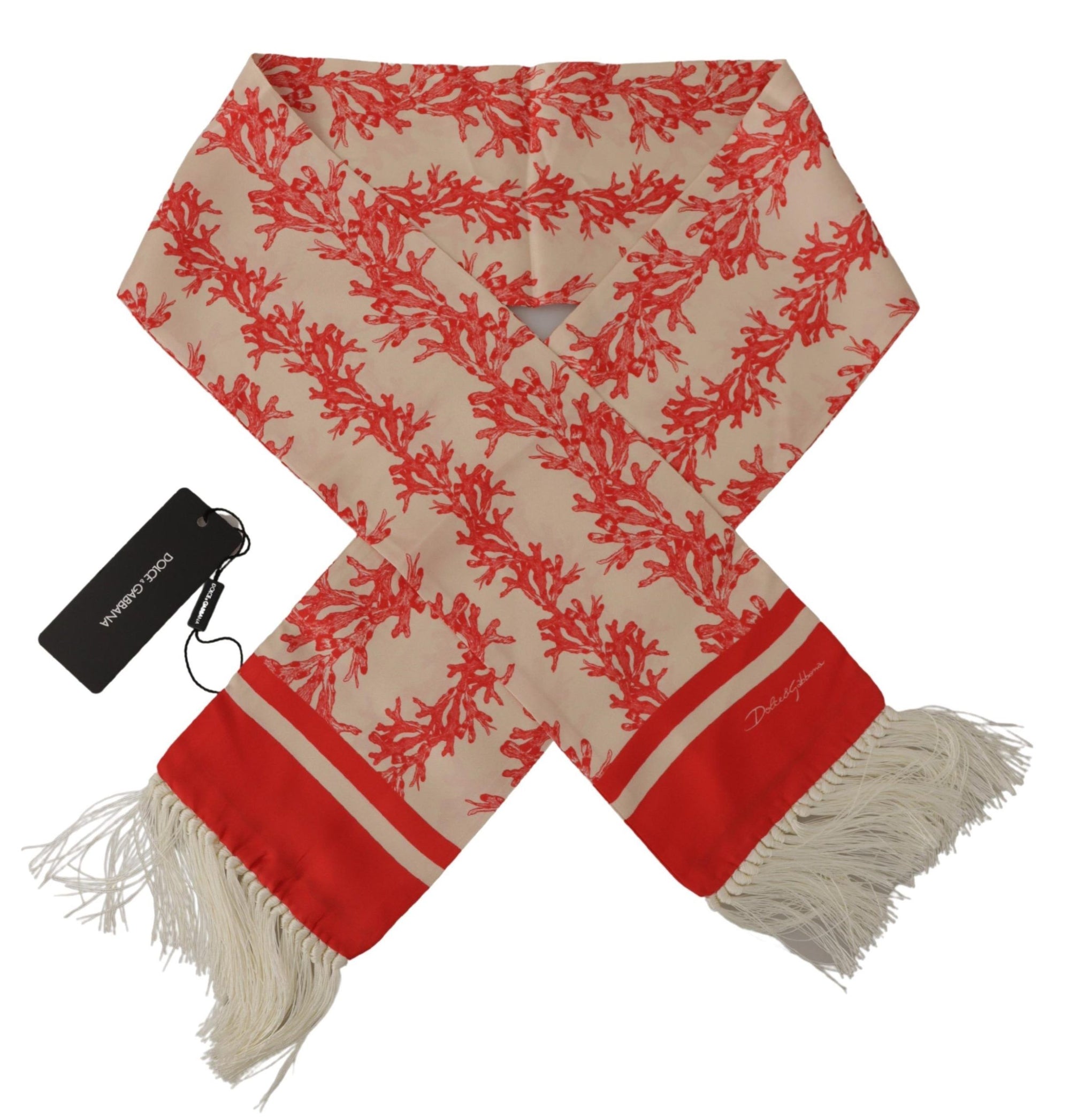Dolce & Gabbana White Red Coral Print Shawl Wrap Fringe Scarf - Maison Luxe