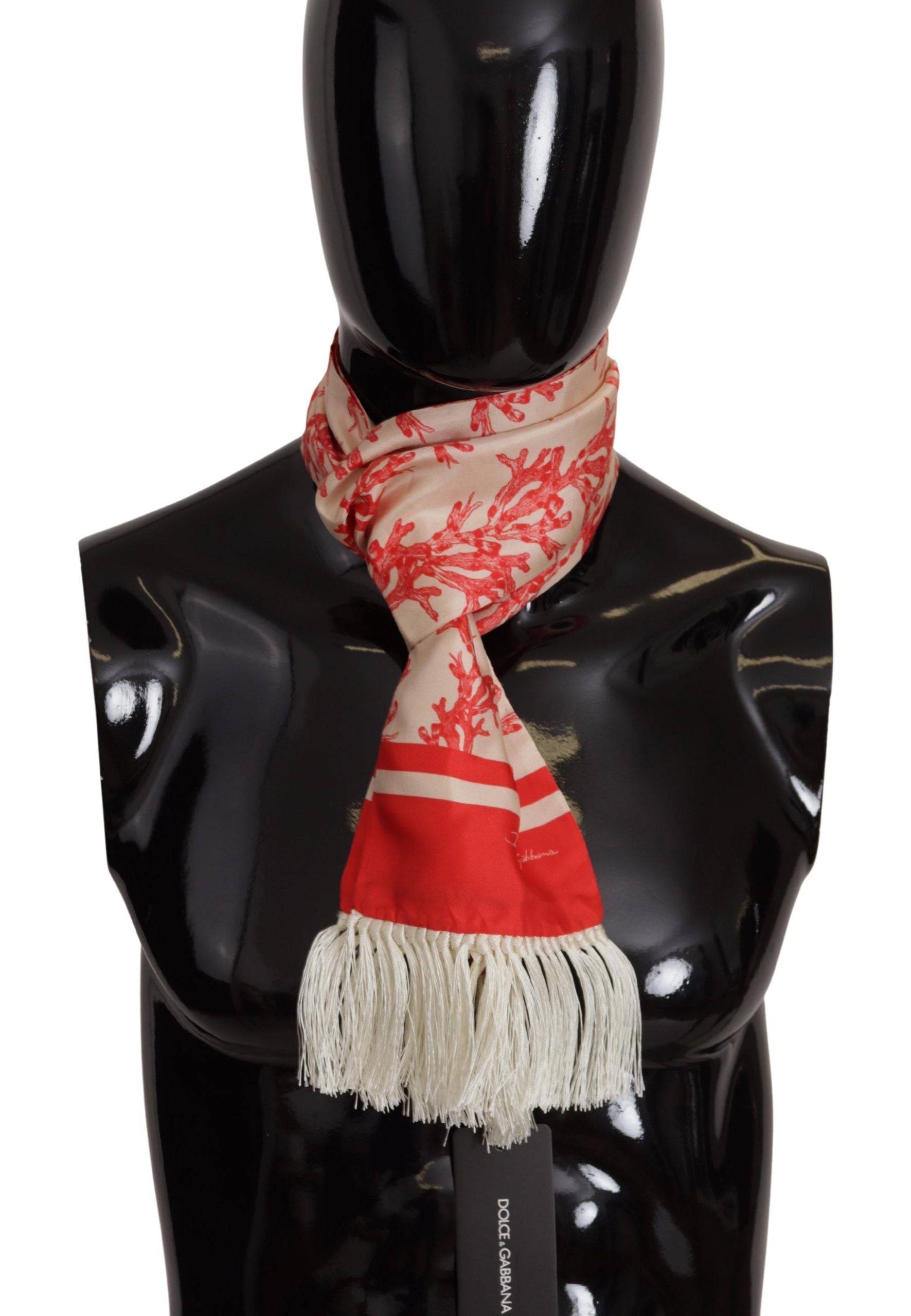Dolce & Gabbana White Red Coral Print Shawl Wrap Fringe Scarf - Maison Luxe
