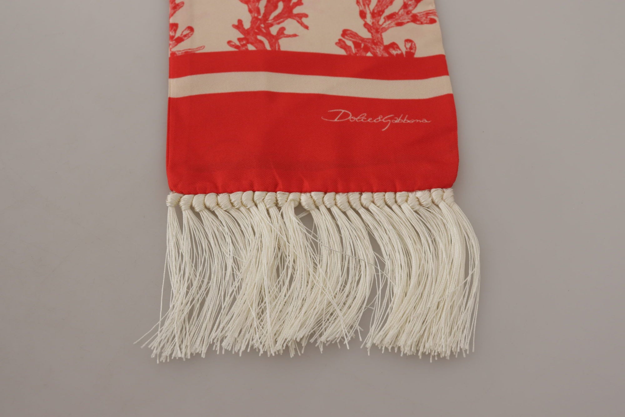 Dolce & Gabbana White Red Coral Print Shawl Wrap Fringe Scarf - Maison Luxe