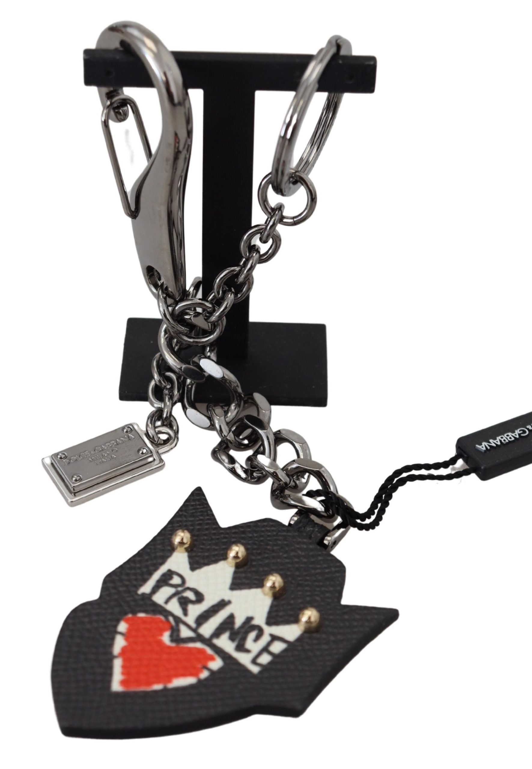 Dolce & Gabbana Black Prince Studs Logo Silver Brass Keychain - Maison Luxe