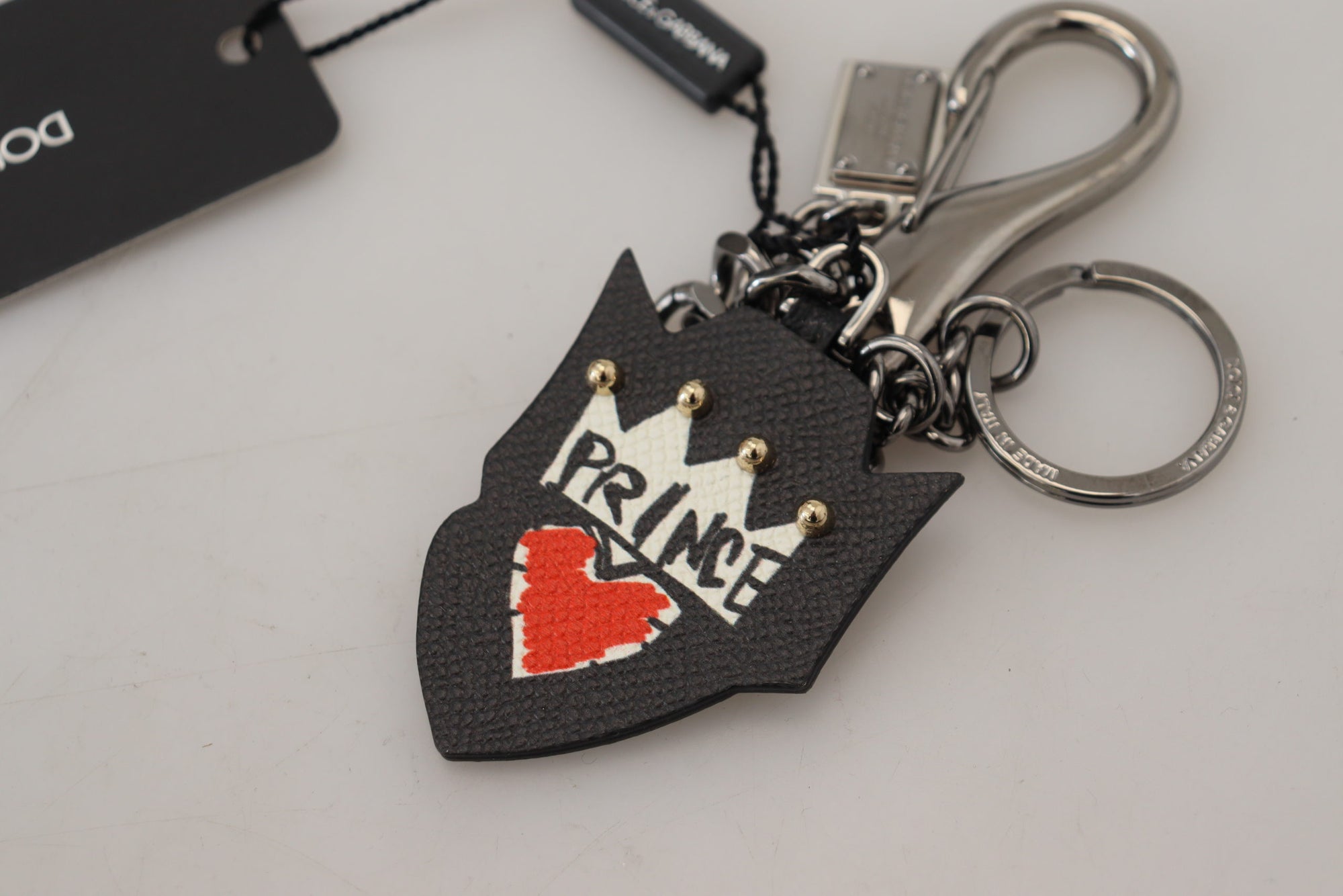 Dolce & Gabbana Black Prince Studs Logo Silver Brass Keychain - Maison Luxe