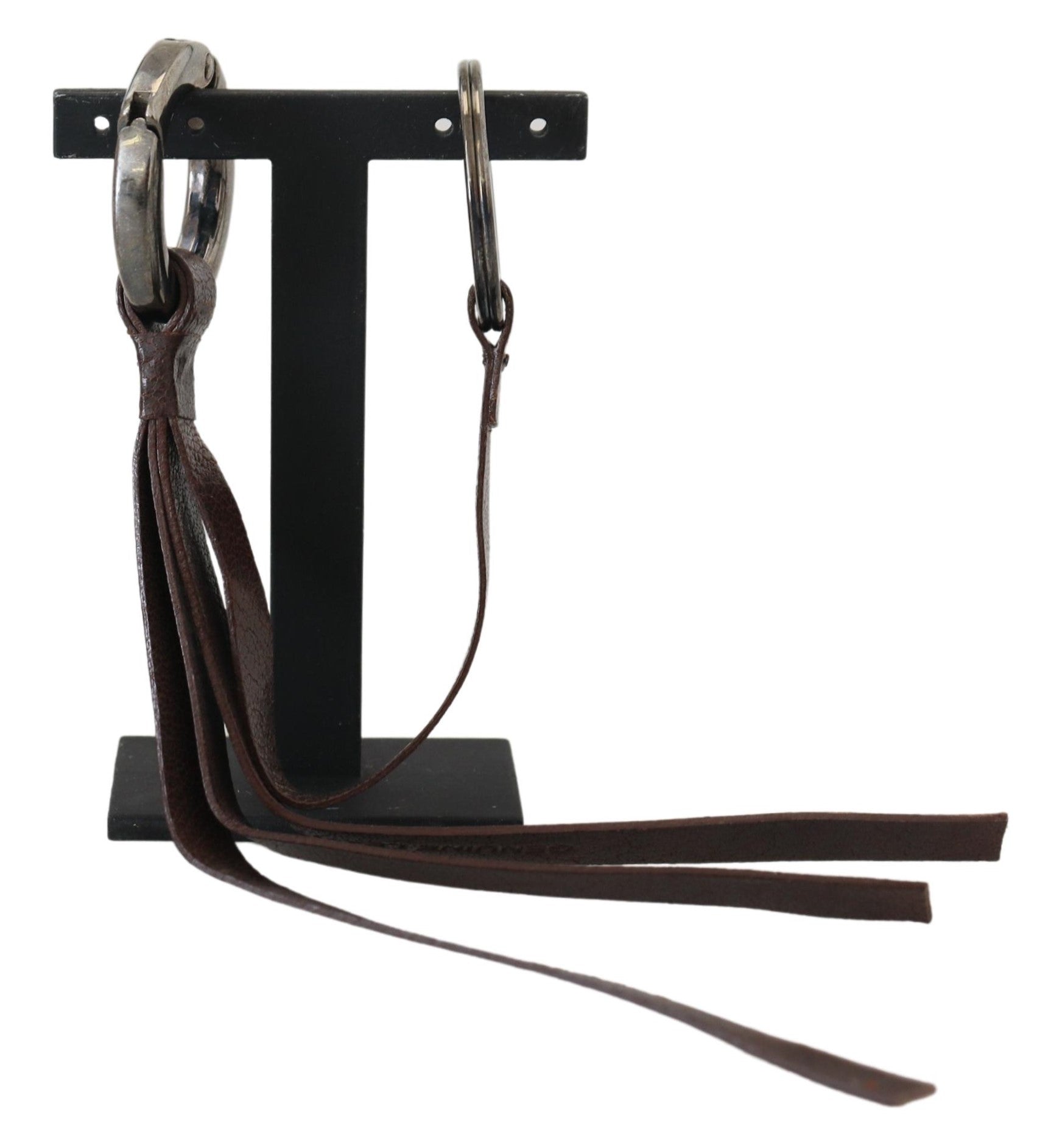 Costume National Brown Leather Silver Tone Metal Keyring Keychain - Maison Luxe