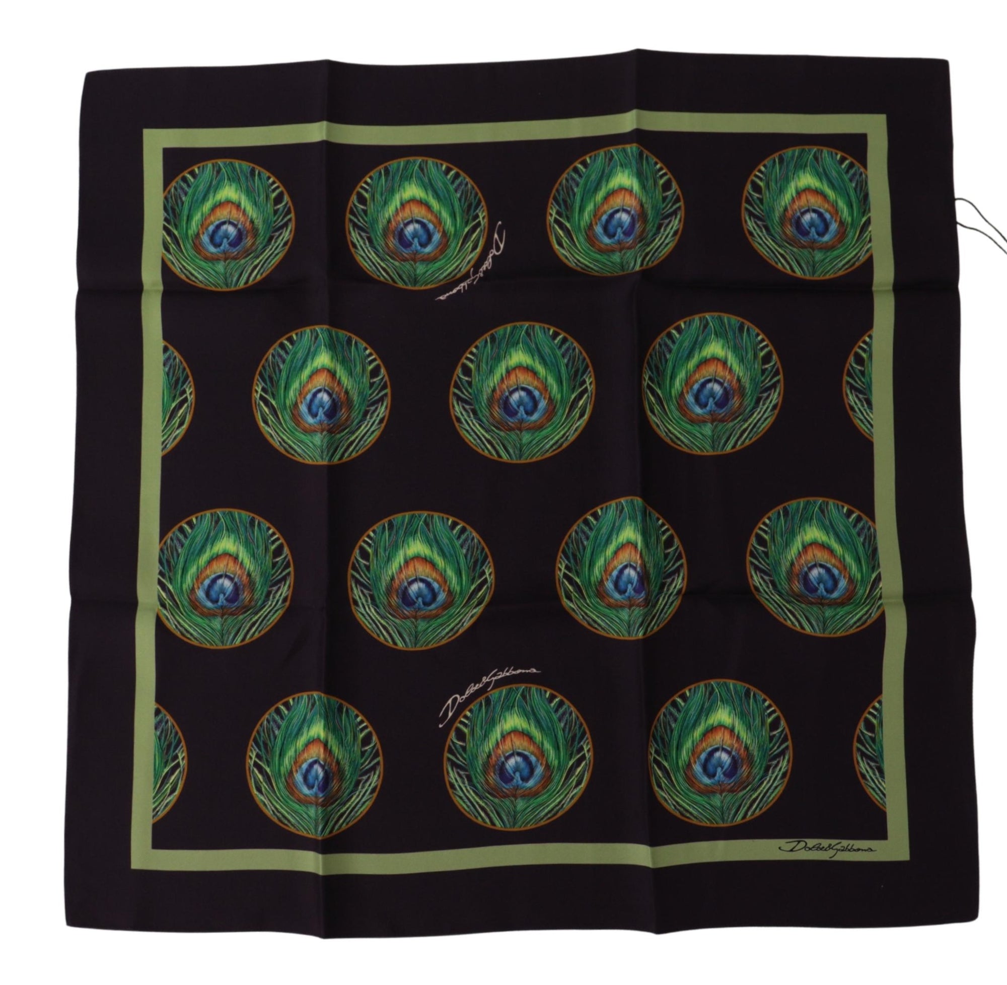 Dolce & Gabbana Black Peacock Feather DG Printed Square Handkerchief Scarf - Maison Luxe