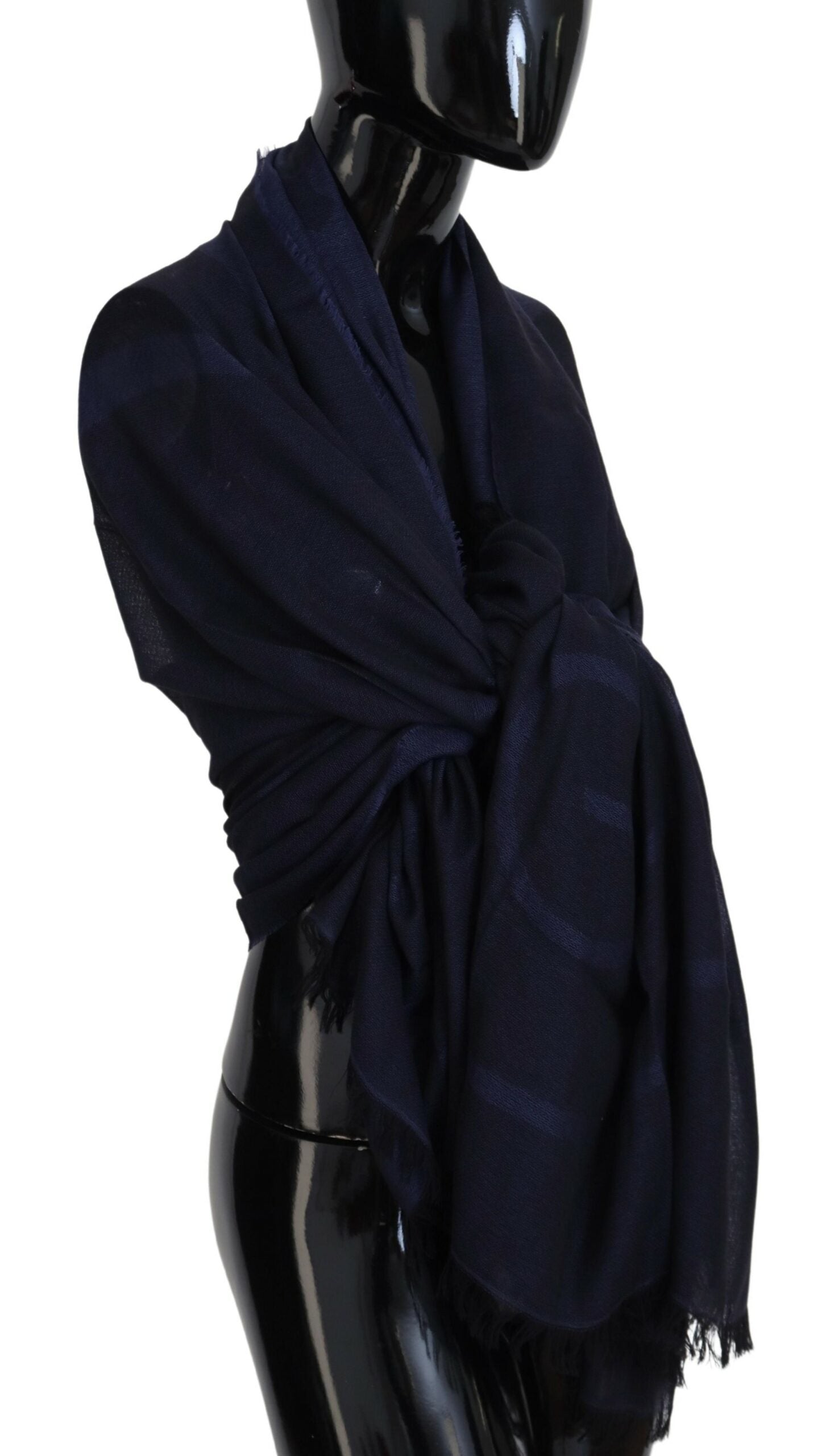 GF Ferre Dark Blue Wool Neck Wrap Shawl Fringes Scarf - Maison Luxe