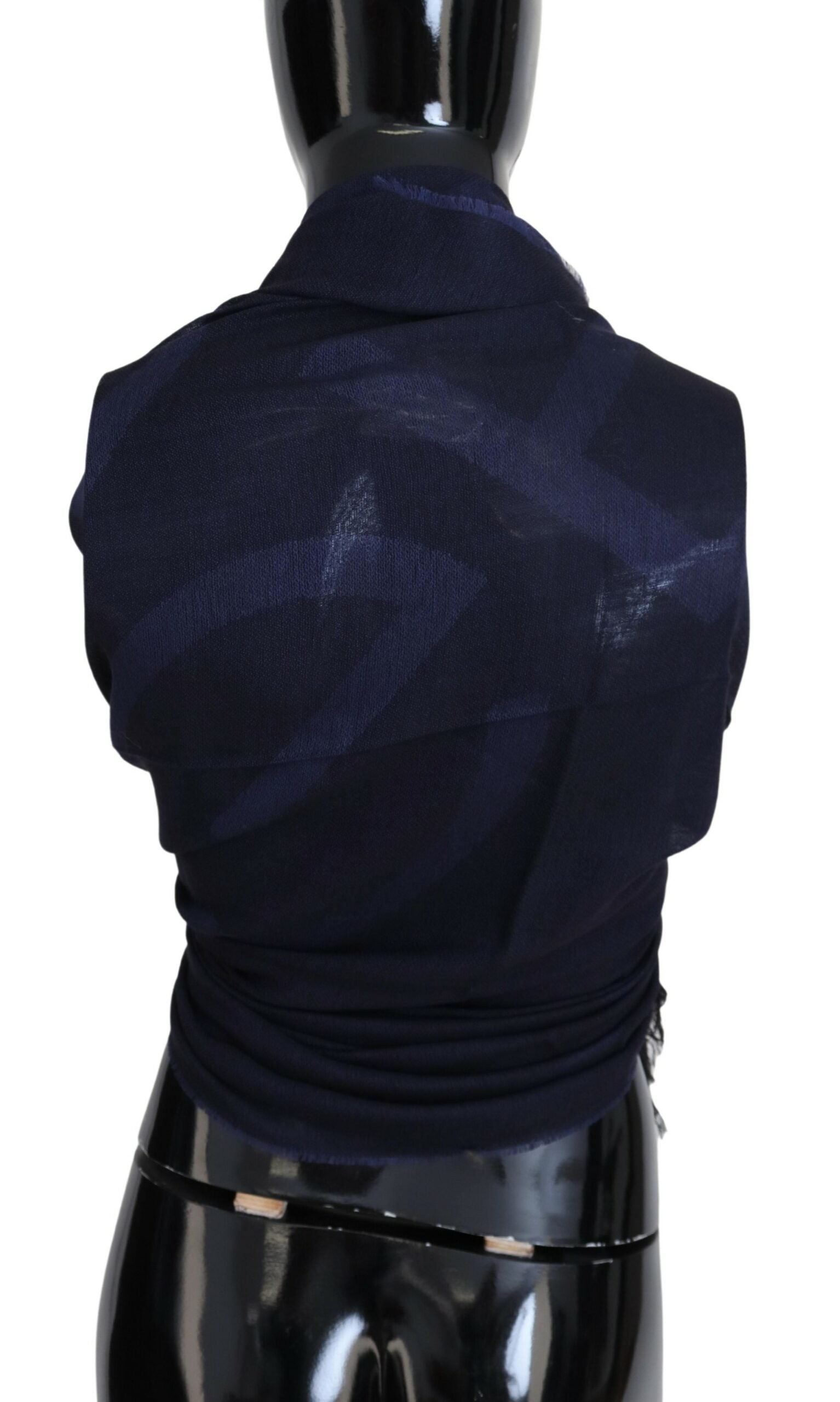 GF Ferre Dark Blue Wool Neck Wrap Shawl Fringes Scarf - Maison Luxe