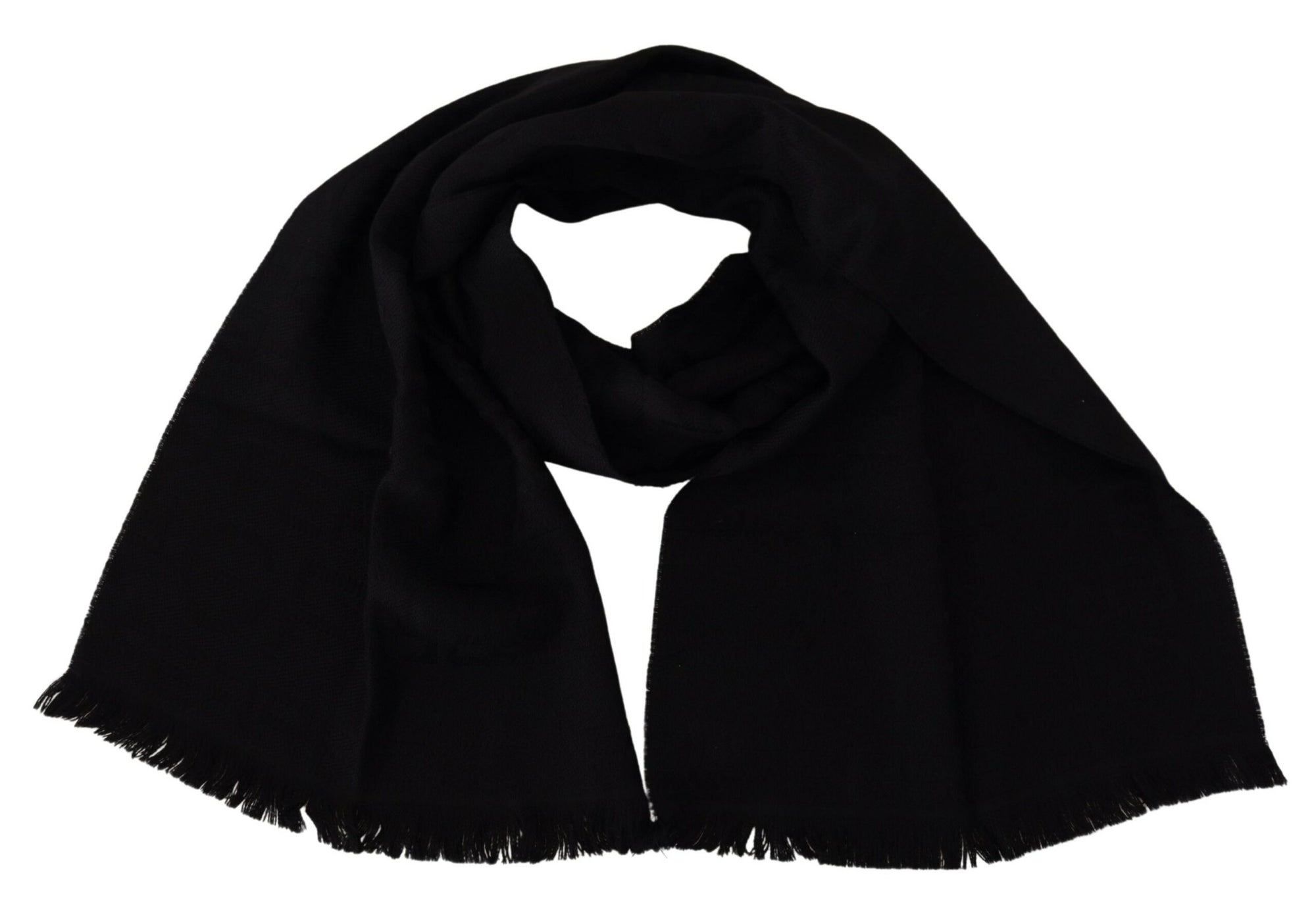 GF Ferre Black Wool Neck Wrap Shawl Fringes Scarf - Maison Luxe