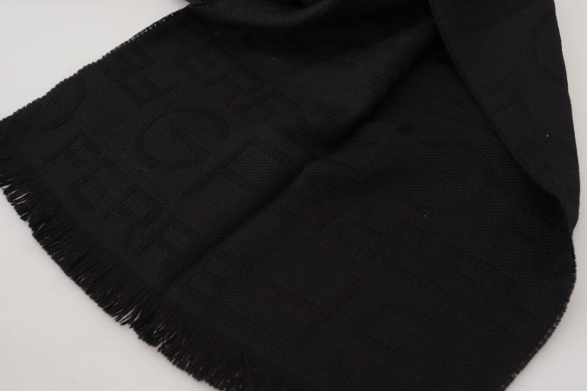 GF Ferre Black Wool Neck Wrap Shawl Fringes Scarf - Maison Luxe