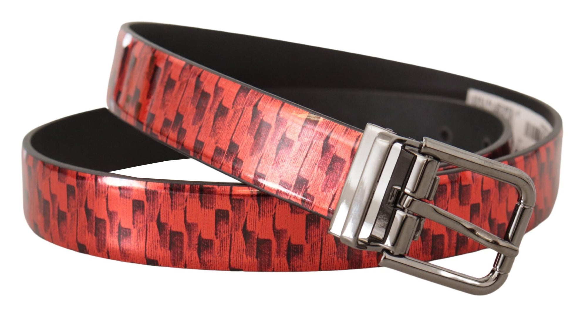 Dolce & Gabbana Red Herringbone Leather Gray Tone Buckle Belt - Maison Luxe
