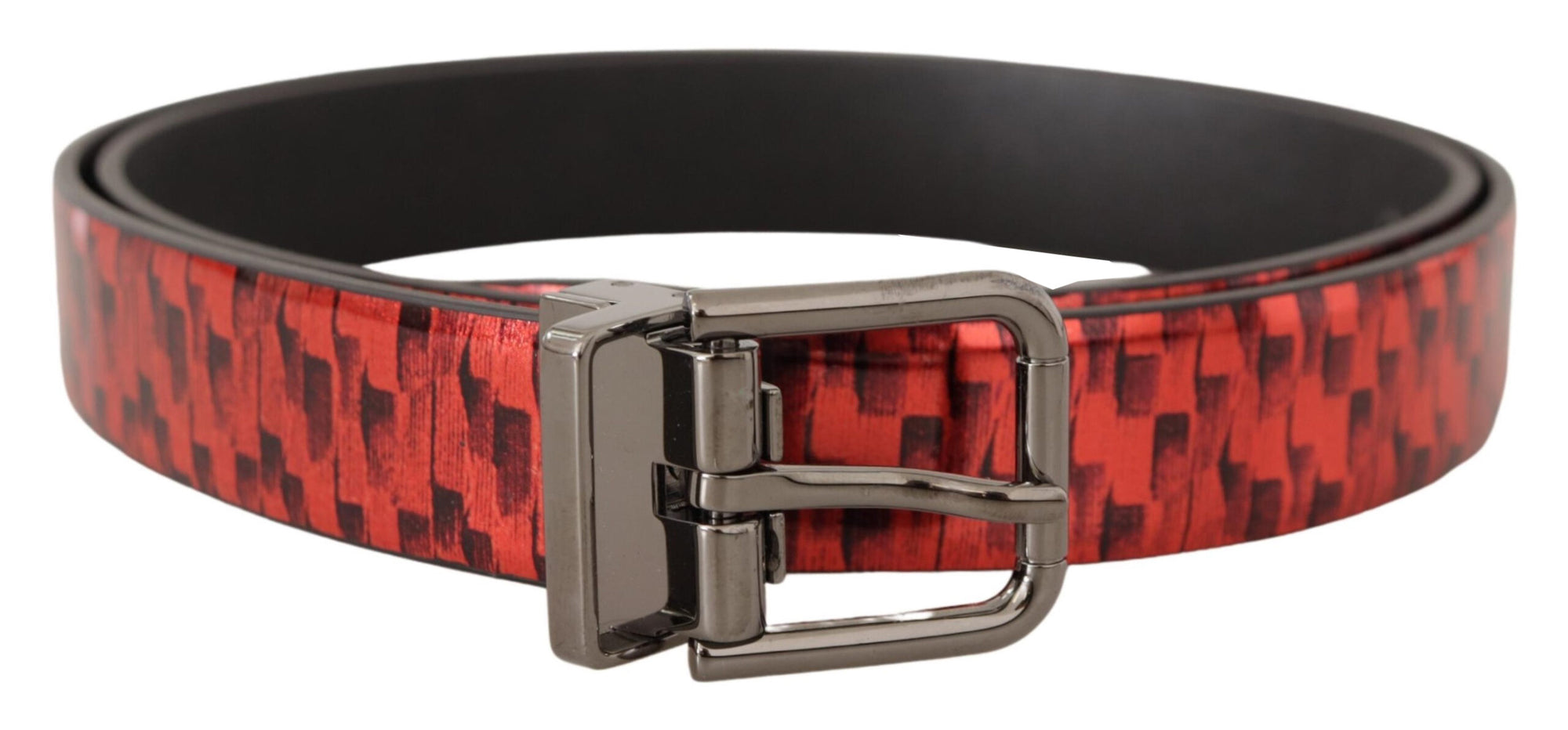 Dolce & Gabbana Red Herringbone Leather Gray Tone Buckle Belt - Maison Luxe