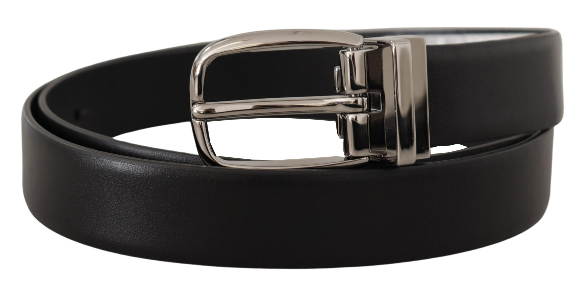 Dolce & Gabbana Black Leather Silver Metal Chrome Logo Buckle  Belt - Maison Luxe