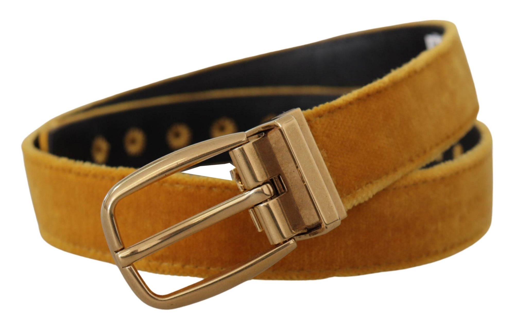 Dolce & Gabbana Mustard Velvet Gold Logo Engraved Metal Buckle Belt - Maison Luxe