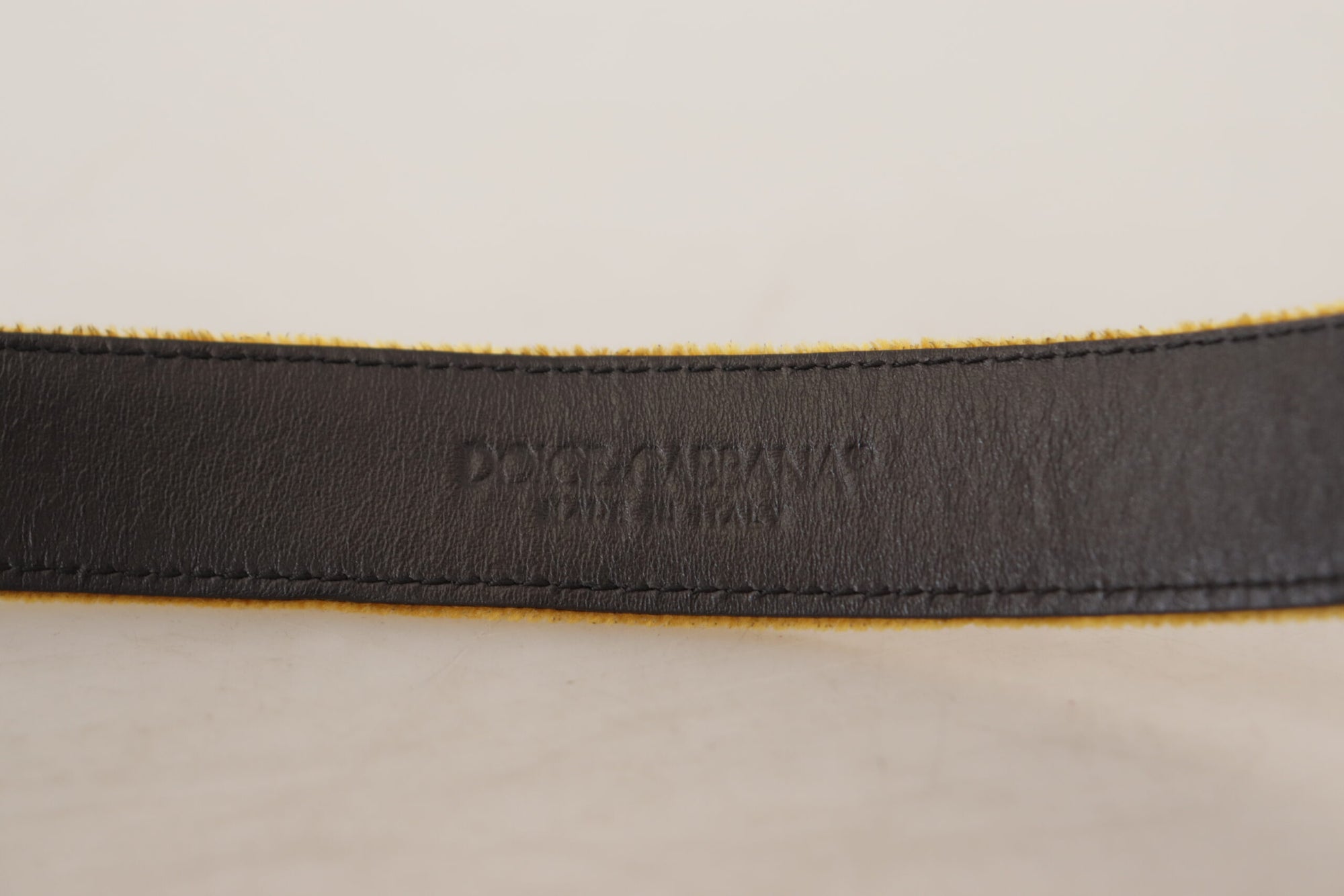 Dolce & Gabbana Mustard Velvet Gold Logo Engraved Metal Buckle Belt - Maison Luxe