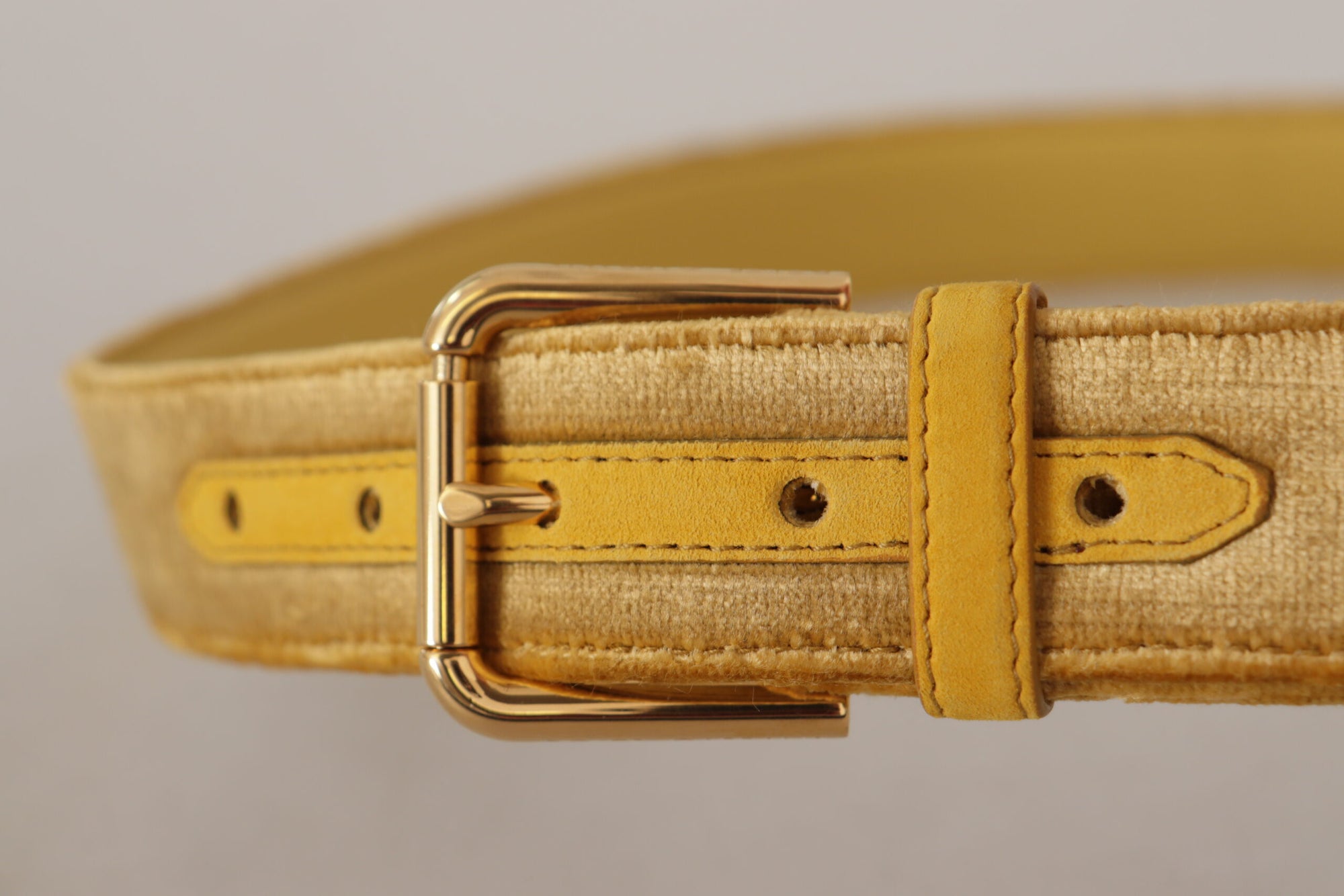 Dolce & Gabbana Yellow Velvet Gold Metal Logo Engraved Buckle Belt - Maison Luxe