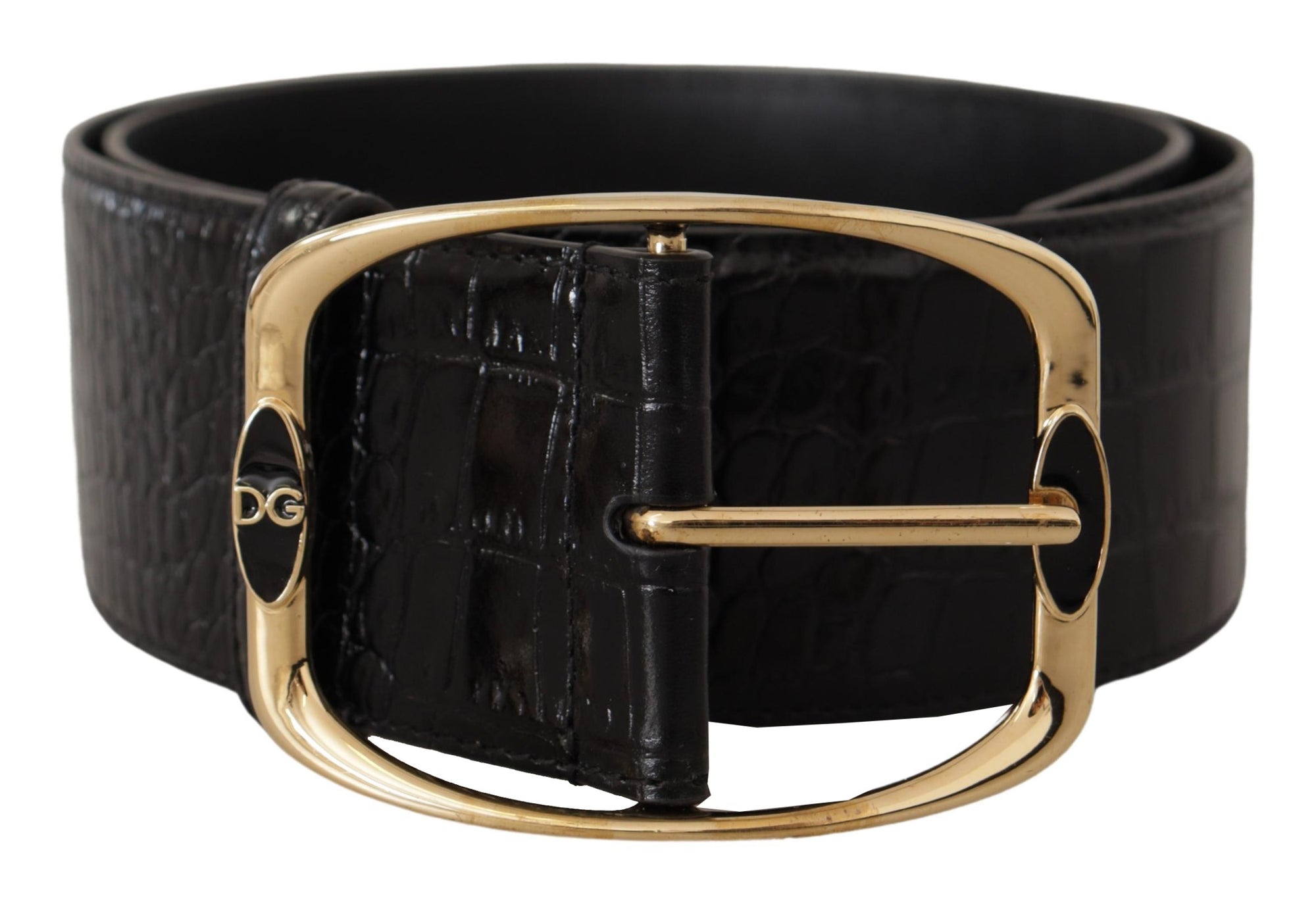 Dolce & Gabbana Black Crocodile Print Gold Metal DG Logo Buckle Belt - Maison Luxe