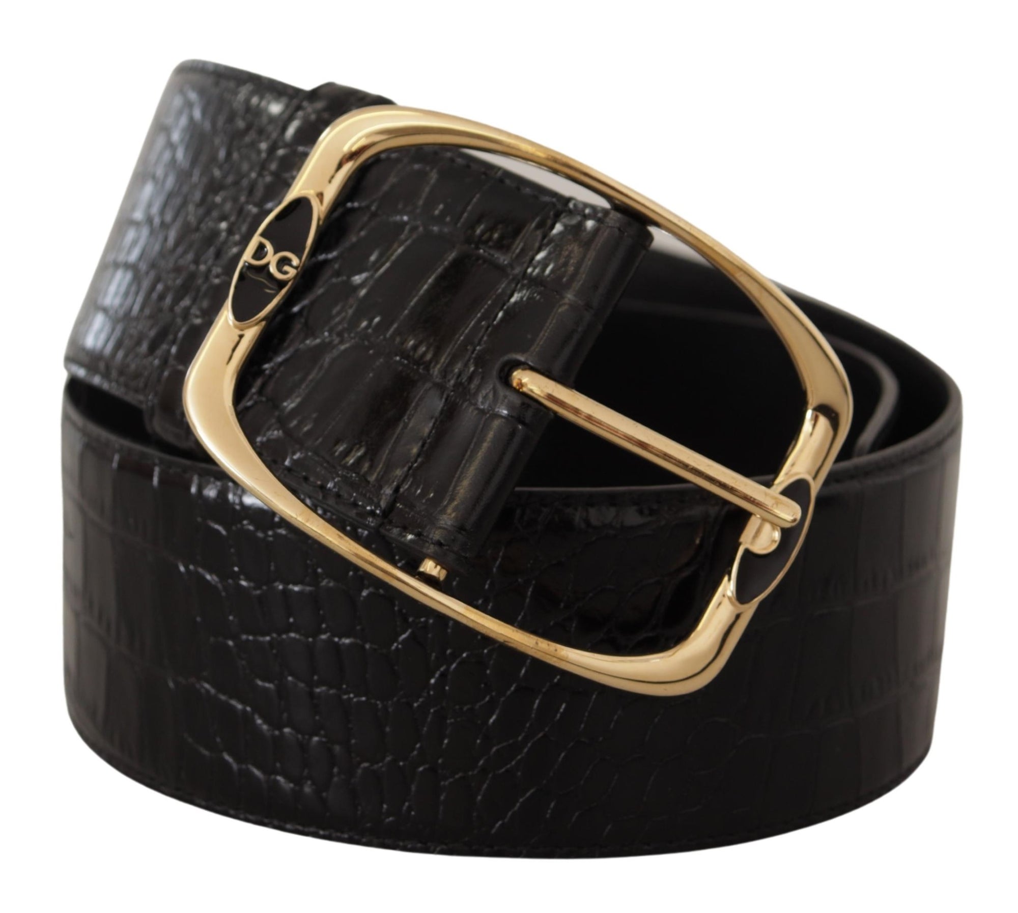Dolce & Gabbana Black Crocodile Print Gold Metal DG Logo Buckle Belt - Maison Luxe