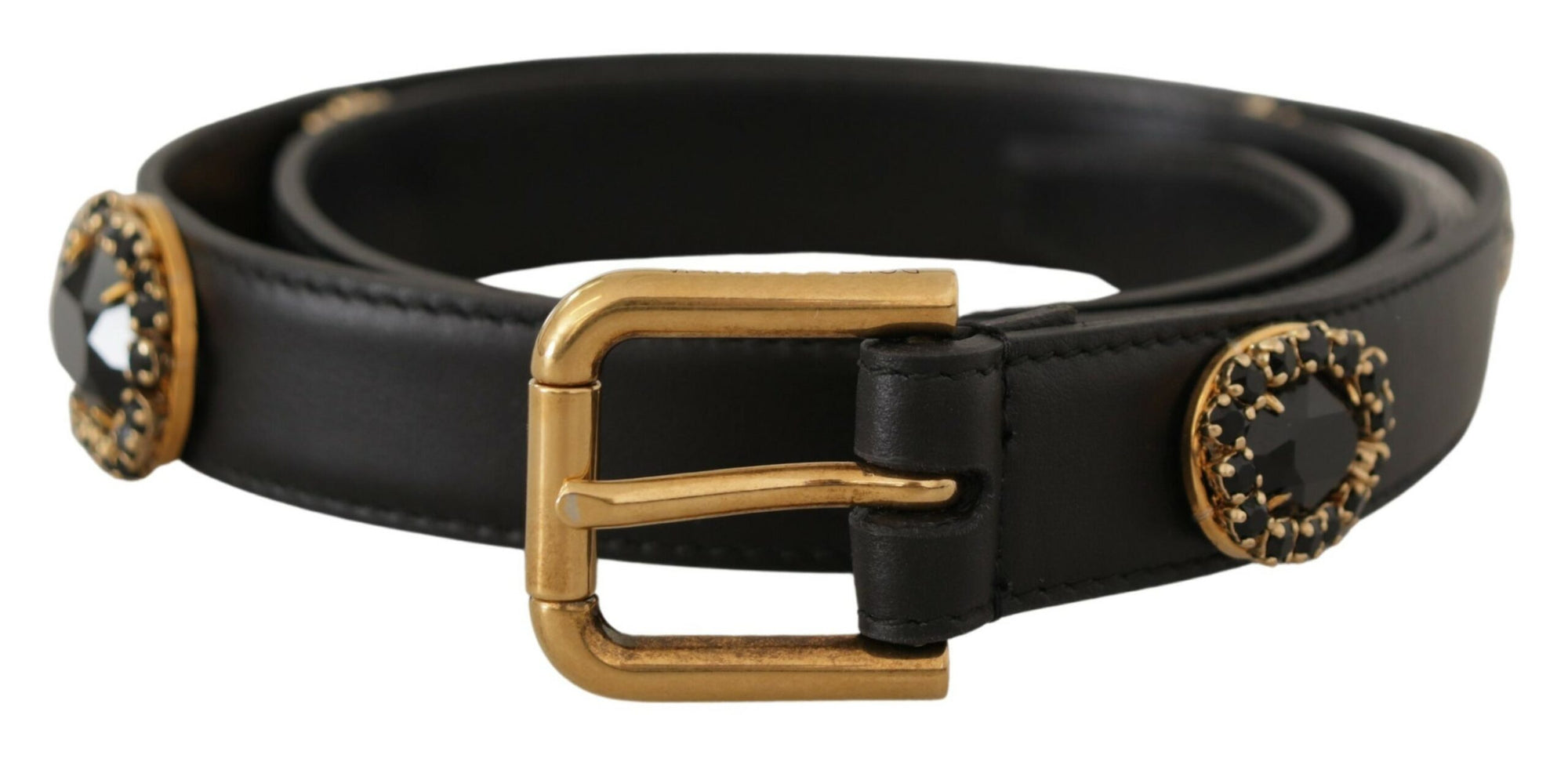Dolce & Gabbana Black Leather Embellished Crystal Logo Belt - Maison Luxe
