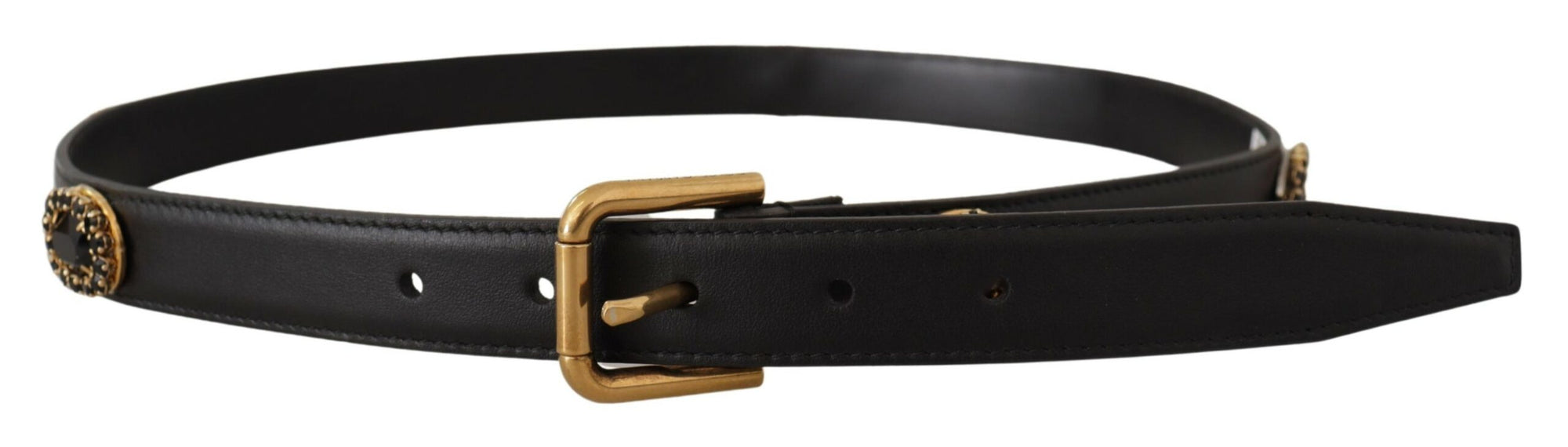 Dolce & Gabbana Black Leather Embellished Crystal Logo Belt - Maison Luxe