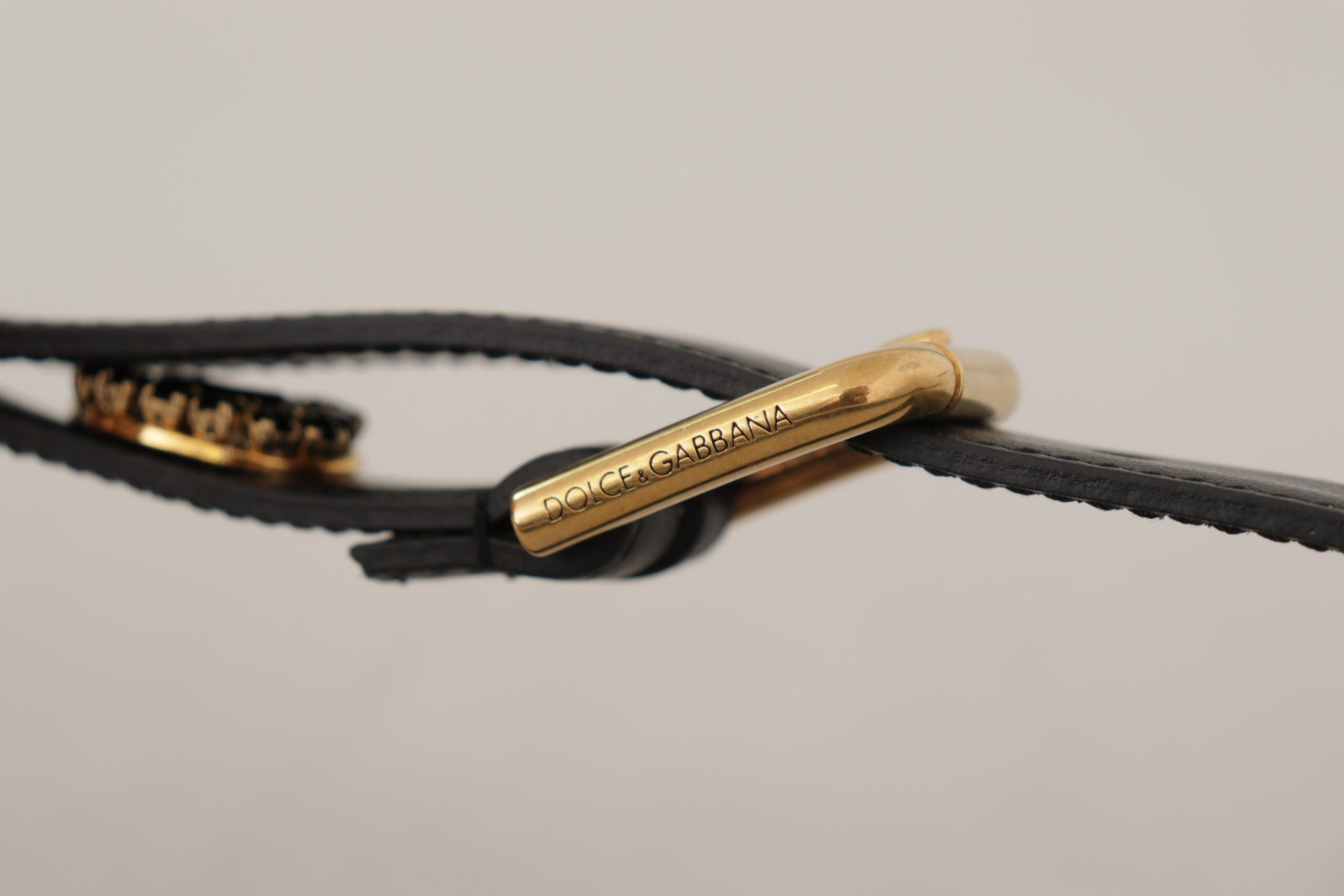 Dolce & Gabbana Black Leather Embellished Crystal Logo Belt - Maison Luxe