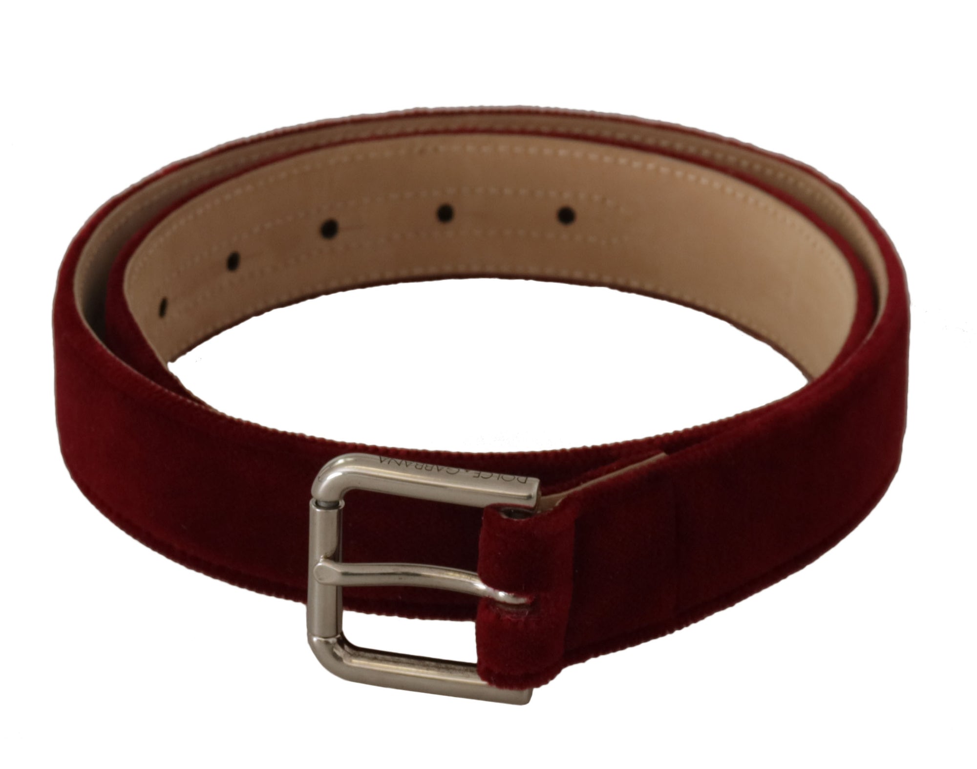 Dolce & Gabbana Red Velvet Silver Logo Engraved Metal Buckle Belt - Maison Luxe