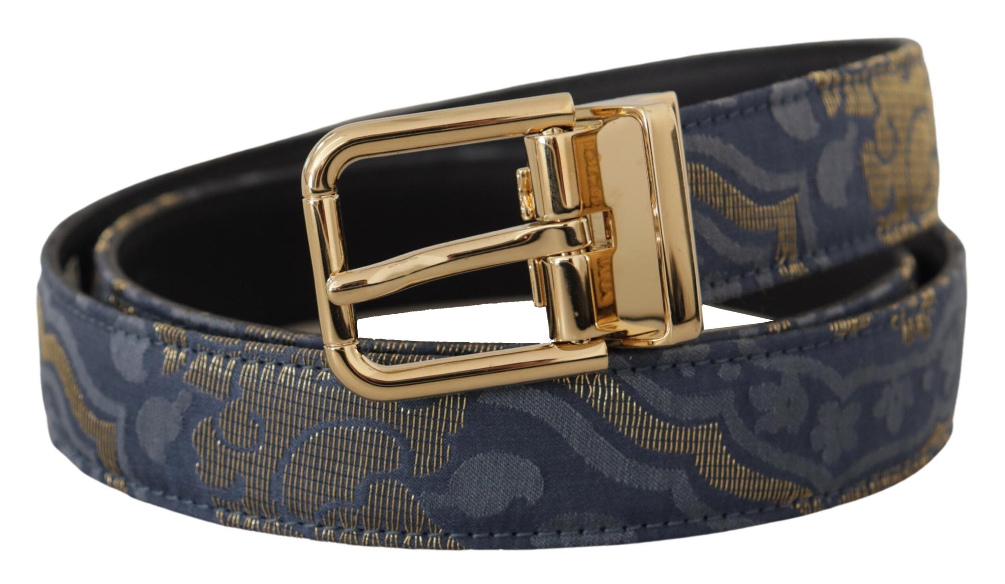 Dolce & Gabbana Navy Blue Jacquard Gold Tone Logo Metal Buckle Belt - Maison Luxe