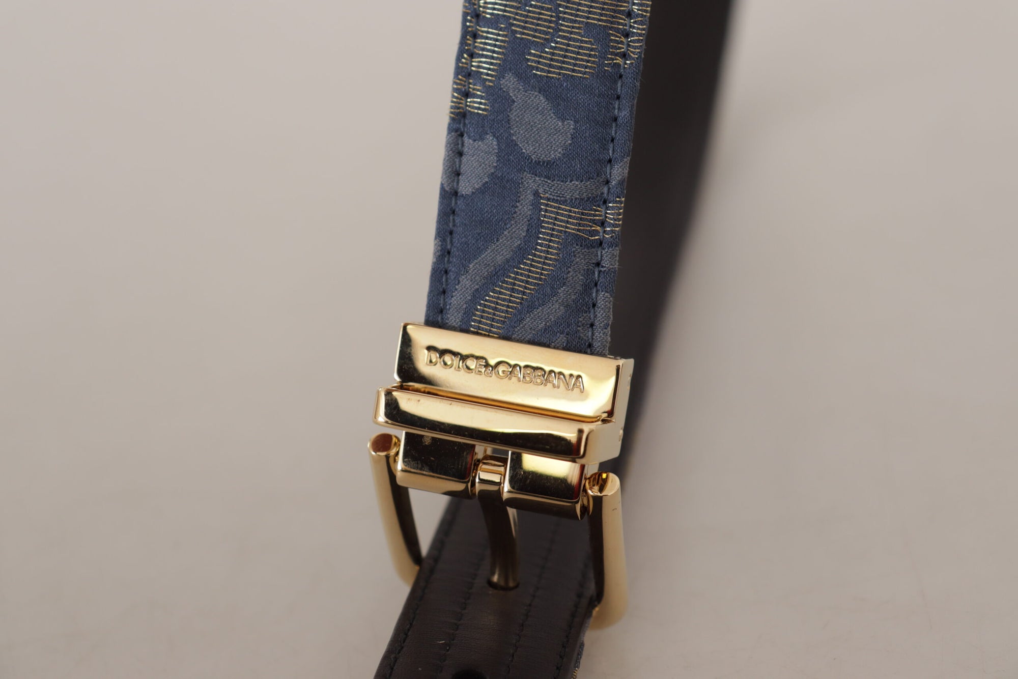 Dolce & Gabbana Navy Blue Jacquard Gold Tone Logo Metal Buckle Belt - Maison Luxe