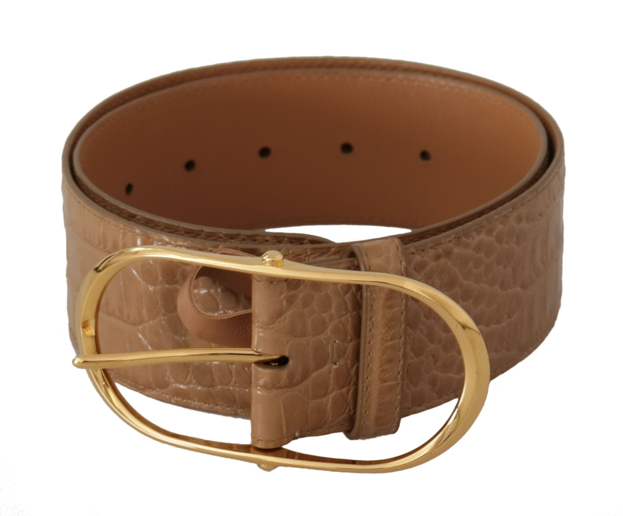 Dolce & Gabbana Brown Beige Leather Gold Metal Oval Buckle Belt - Maison Luxe