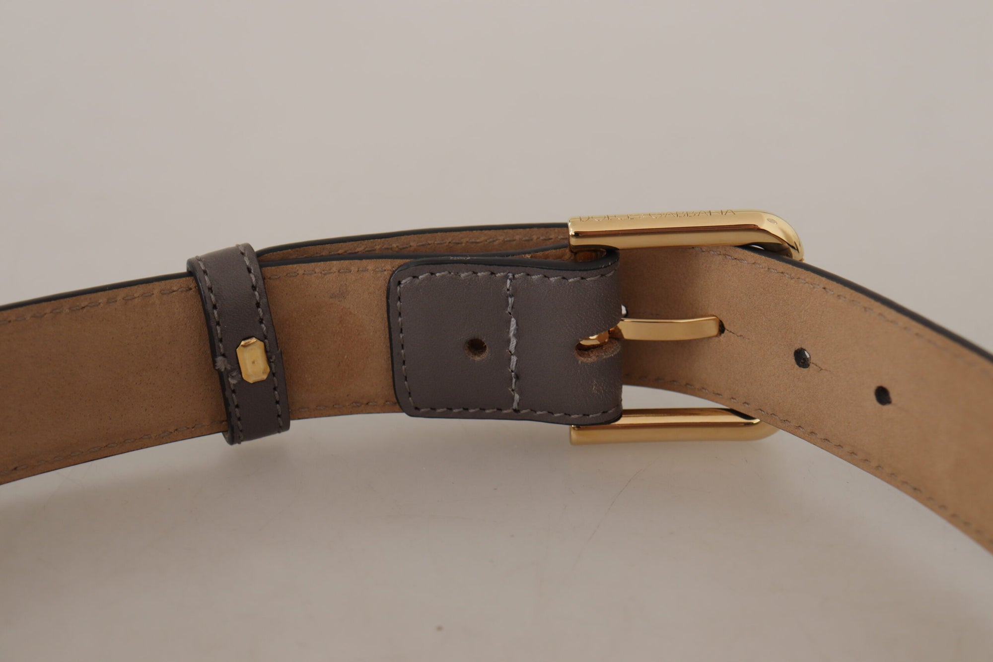 Dolce & Gabbana Gray Calfskin Leather Gold Metal Logo Buckle Belt - Maison Luxe