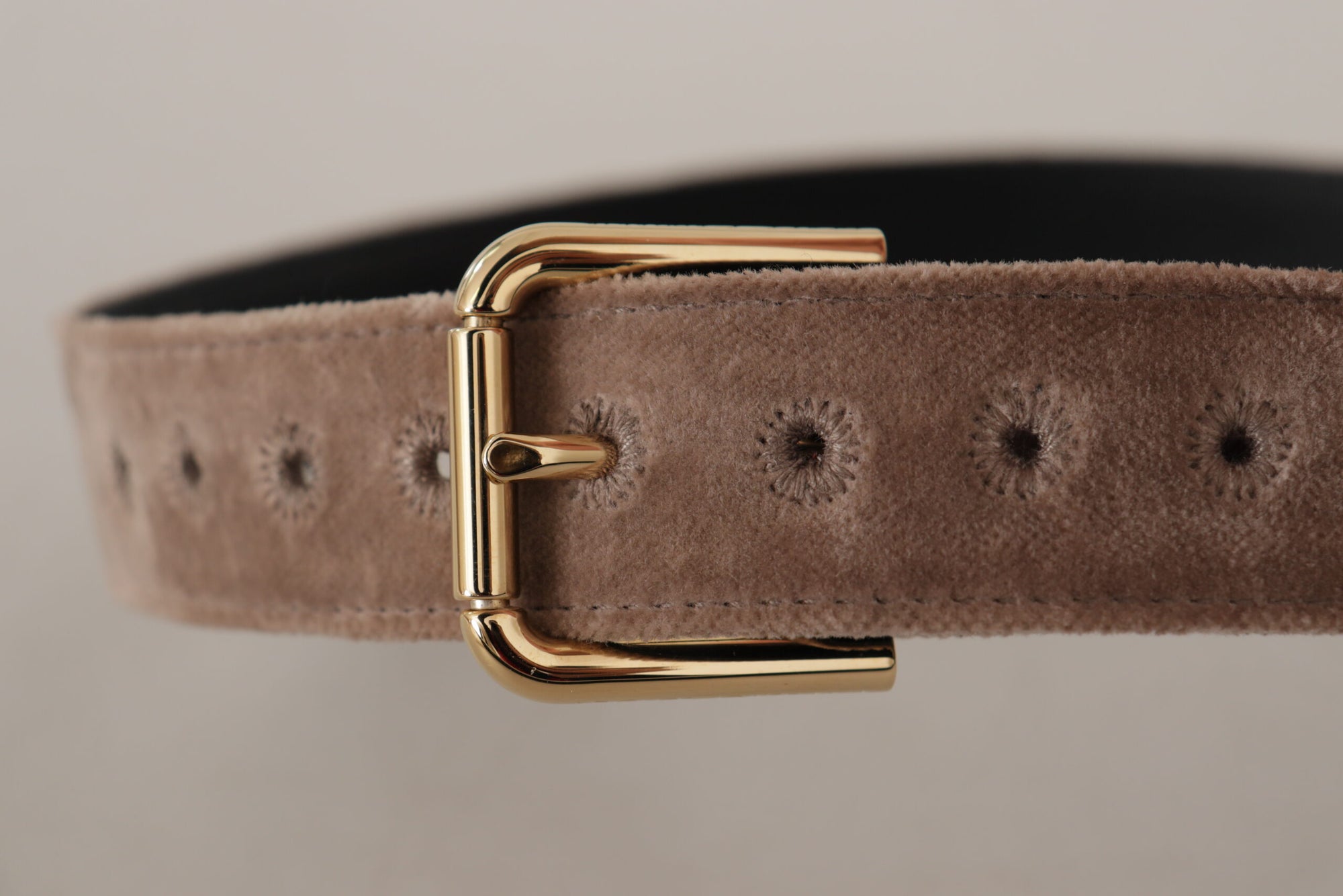 Dolce & Gabbana Light Brown Velvet Gold Tone Logo Metal Buckle Belt - Maison Luxe