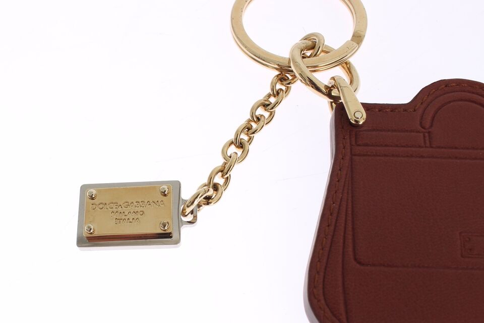 Dolce & Gabbana Brown Leather Miss SICILY Gold Finder Chain Keychain - Maison Luxe