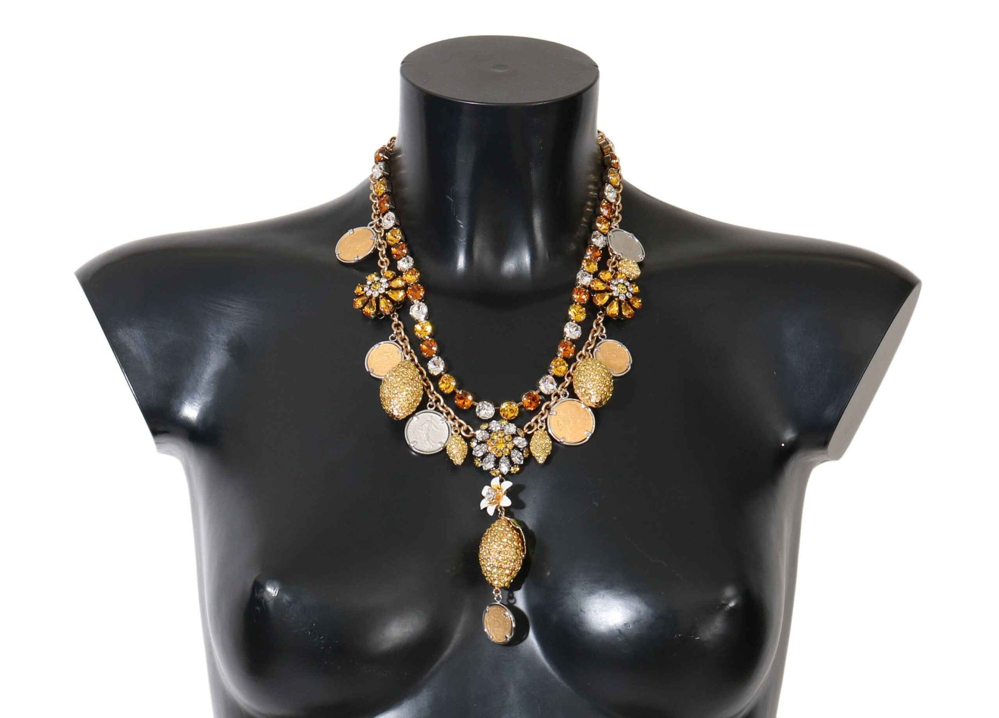 Dolce & Gabbana Gold Brass Crystal Logo Pineapple Statement Necklace