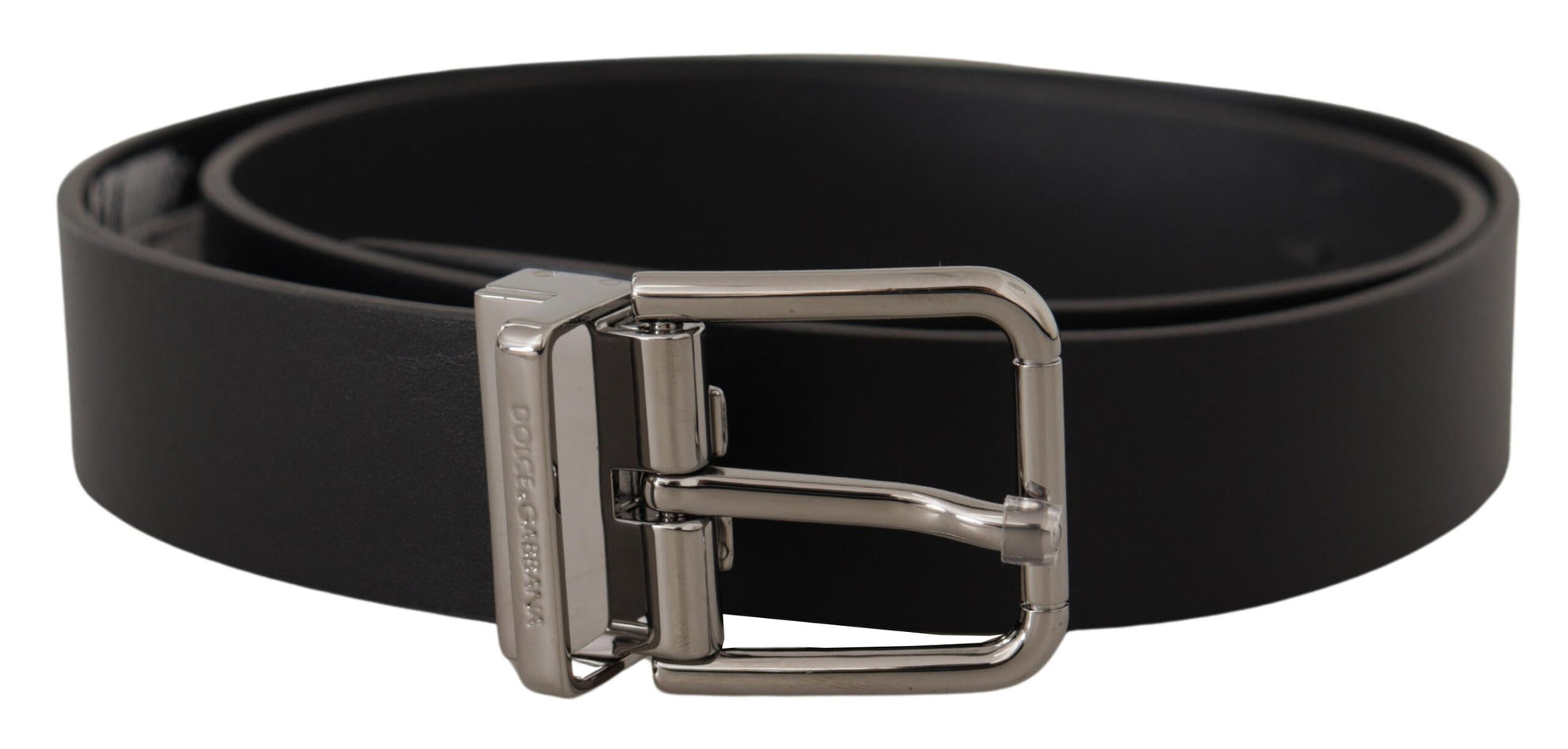 Dolce & Gabbana Black Calf Leather Logo Engraved Metal Buckle Belt - Maison Luxe