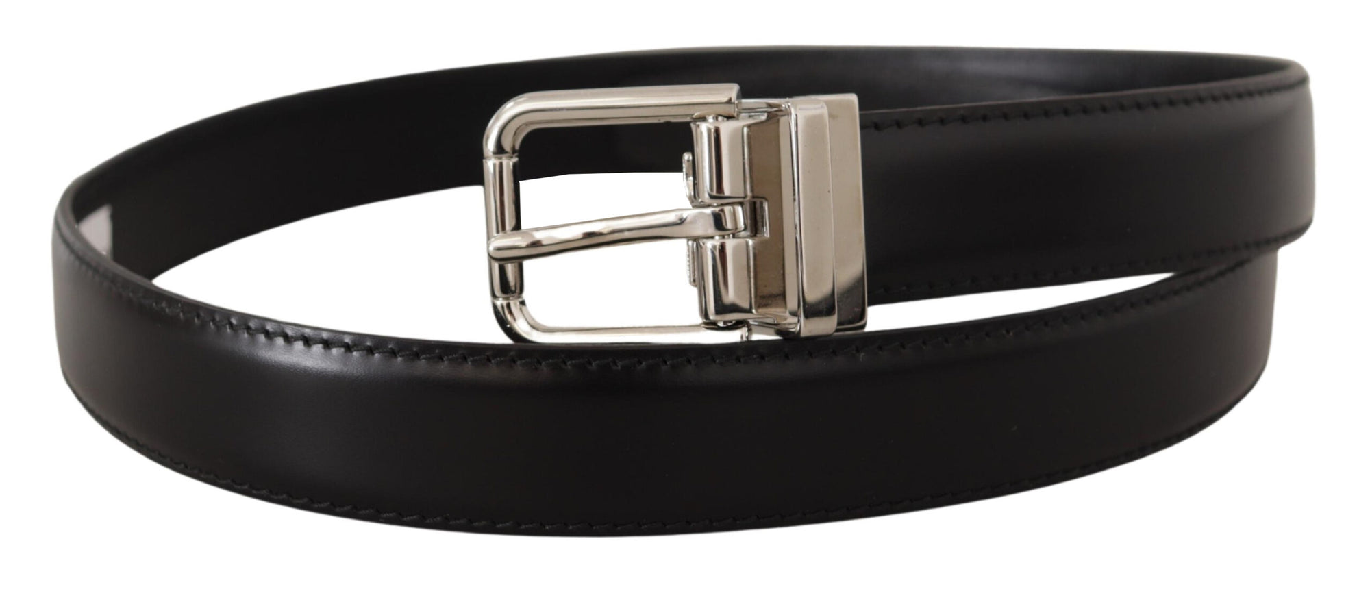 Dolce & Gabbana Black Calf Leather Logo Engraved Metal Buckle Belt - Maison Luxe