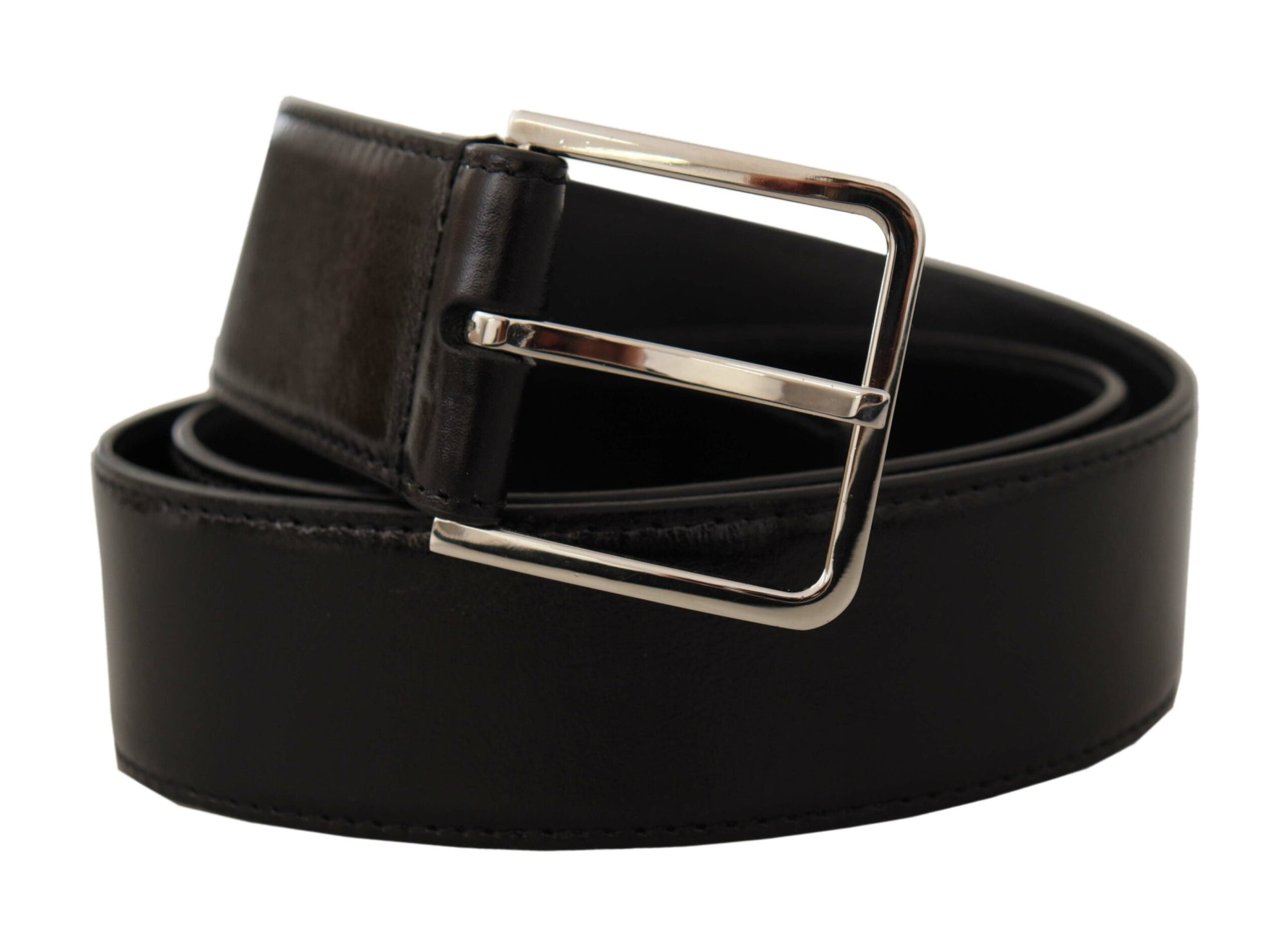 Dolce & Gabbana Black Calf Leather Logo Engraved Metal Buckle Belt - Maison Luxe