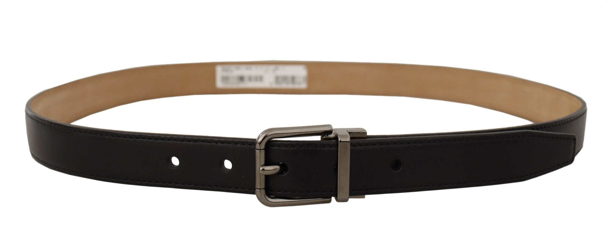 Dolce & Gabbana Black Calf Leather Logo Engraved Metal Buckle Belt - Maison Luxe