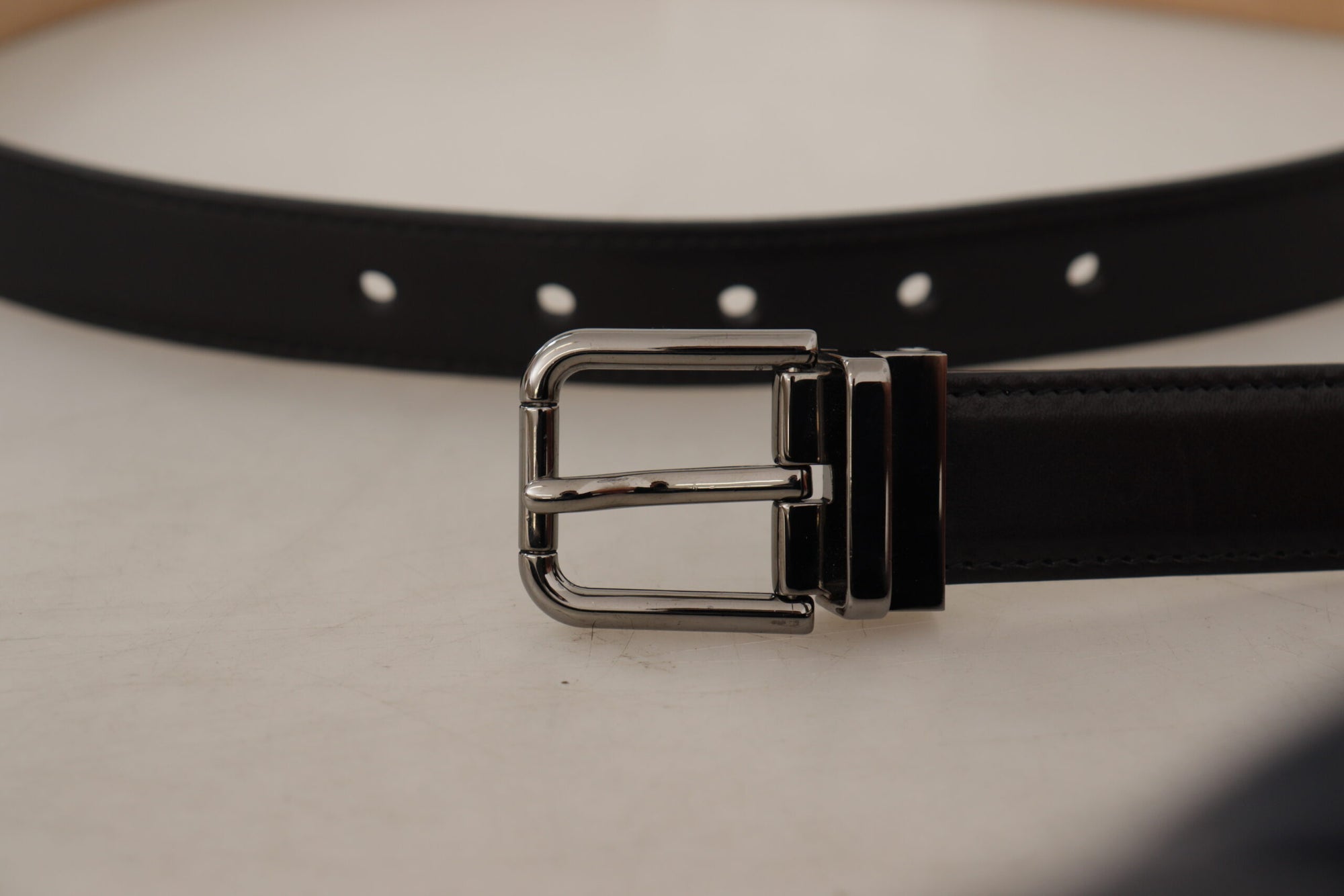 Dolce & Gabbana Black Calf Leather Logo Engraved Metal Buckle Belt - Maison Luxe