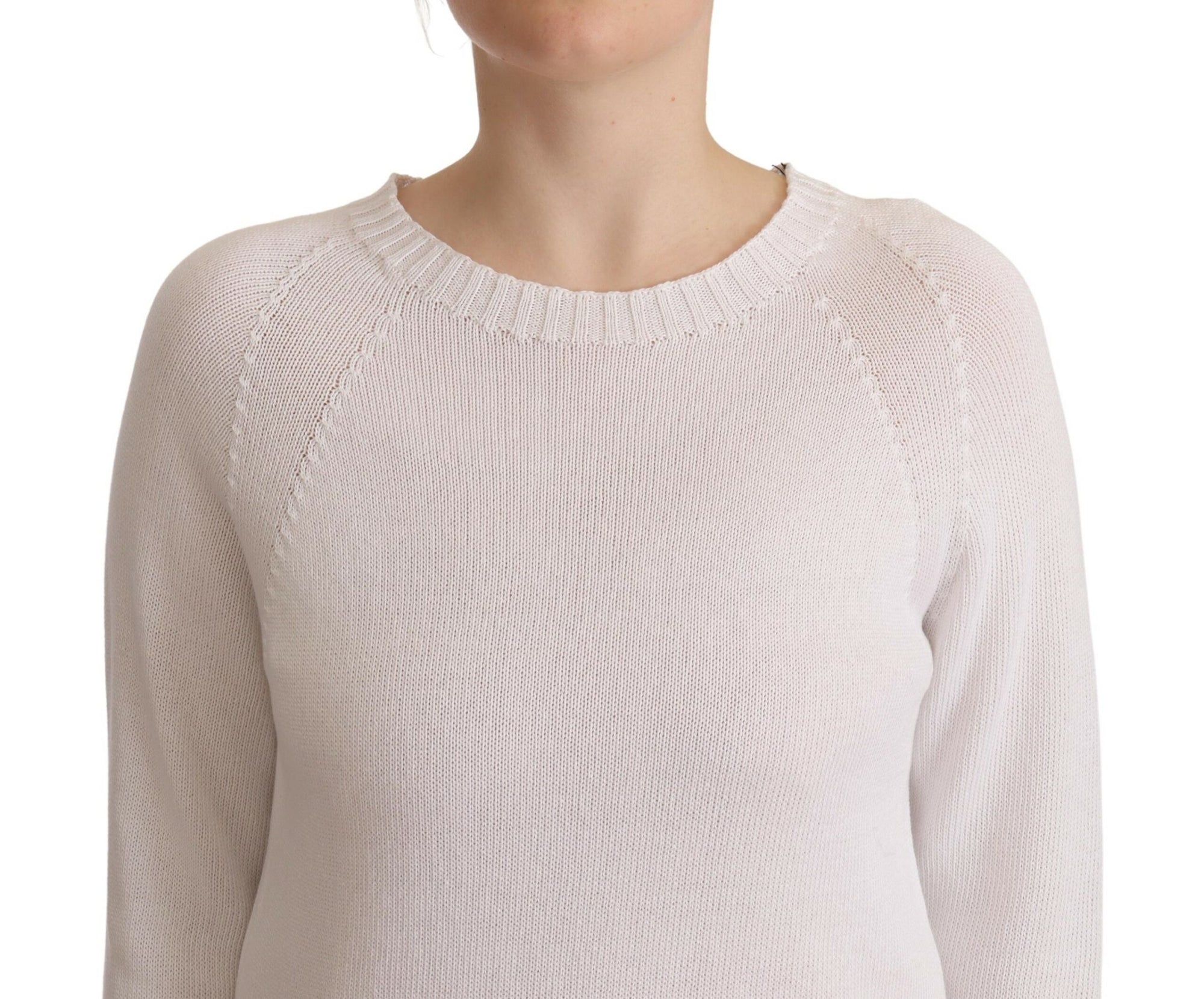 Alpha Studio White Long Sleeves Crewneck Pullover Sweater
