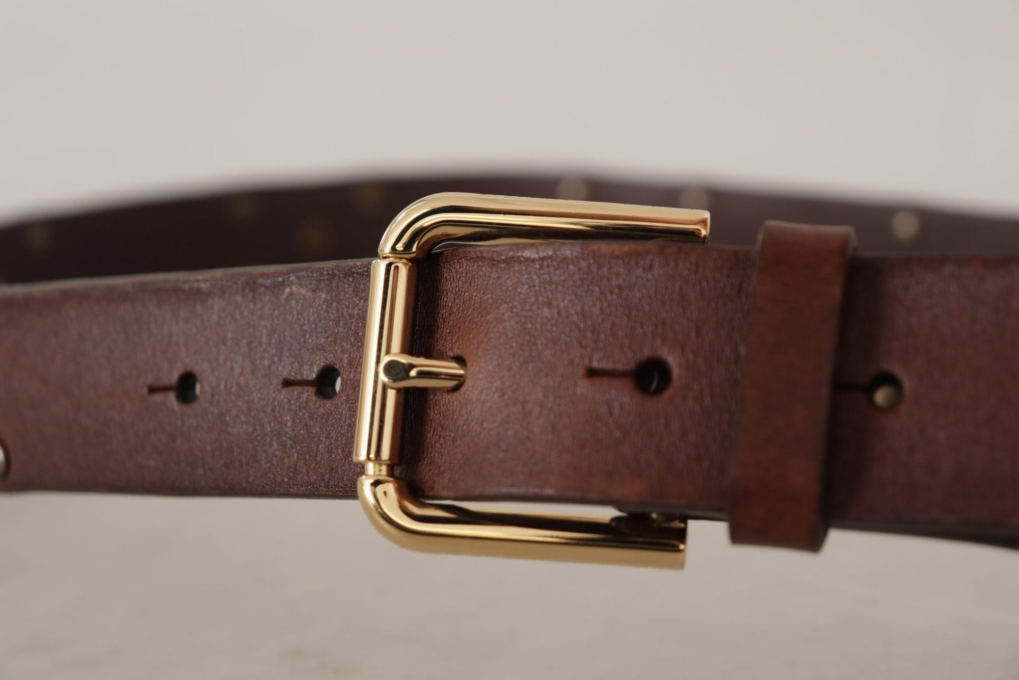 Dolce & Gabbana Brown Leather Studded Gold Tone Metal Buckle Belt - Maison Luxe