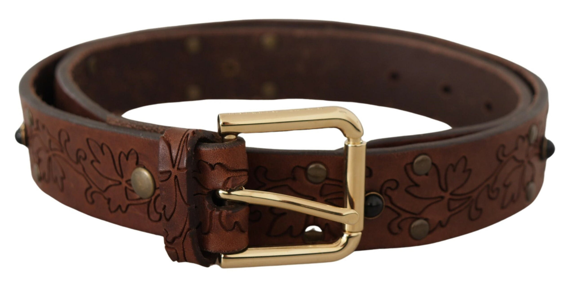 Dolce & Gabbana Brown Leather Floral Studded Metal Buckle Belt - Maison Luxe
