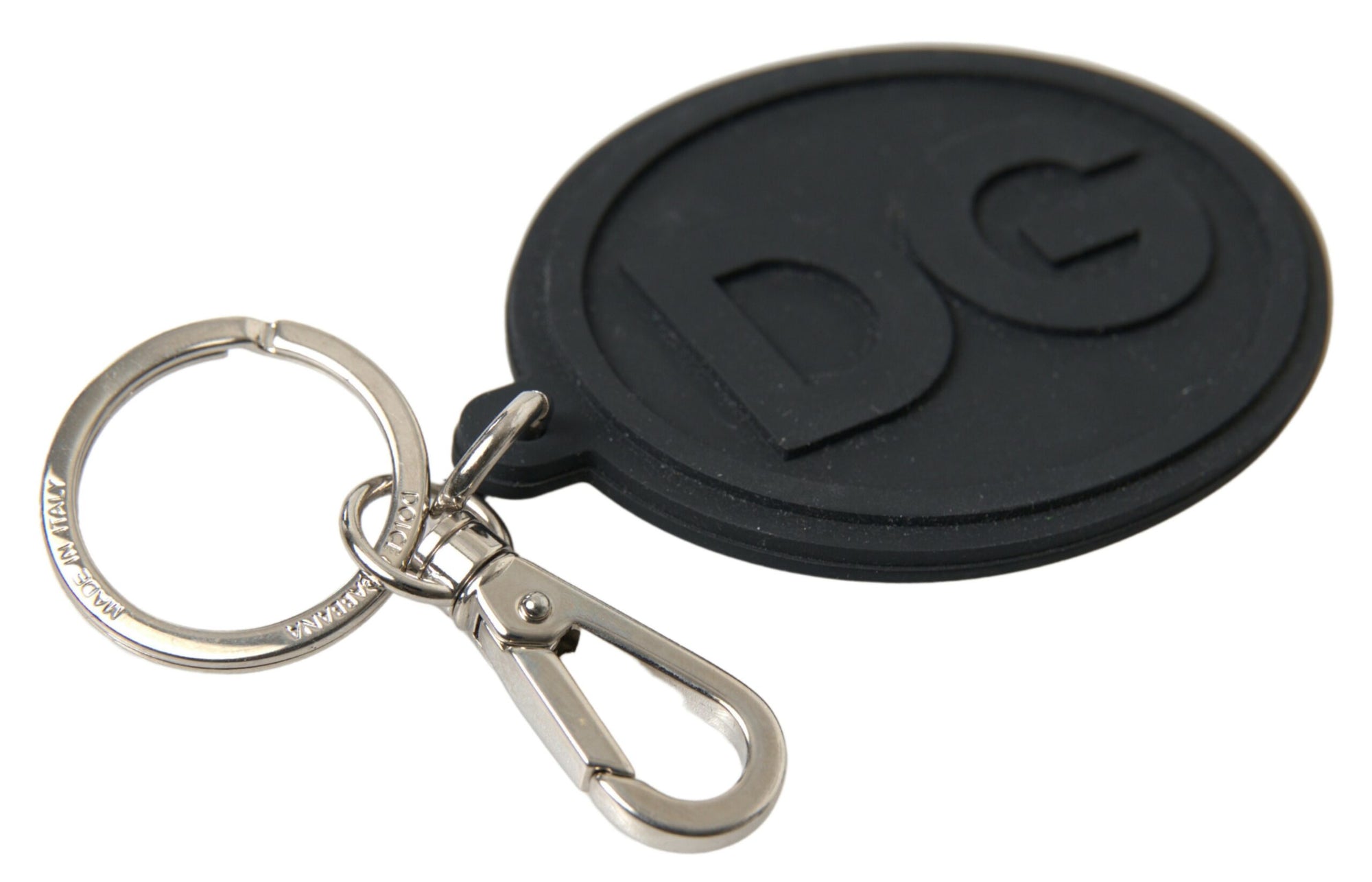 Dolce & Gabbana Black Rubber DG Logo Silver Brass Metal Keychain - Maison Luxe