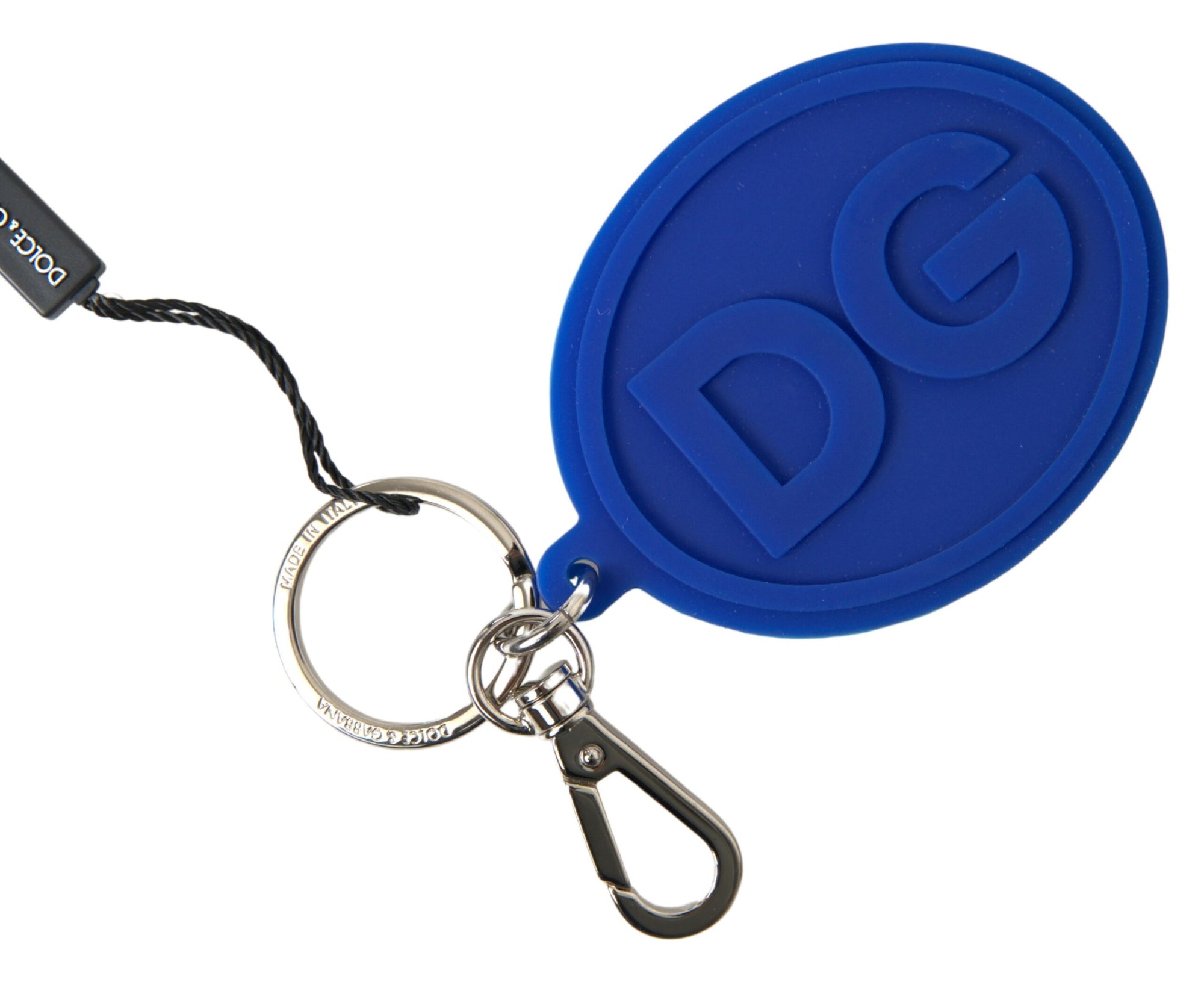Dolce & Gabbana Blue Rubber DG Logo Silver Brass Metal Keyring Keychain - Maison Luxe