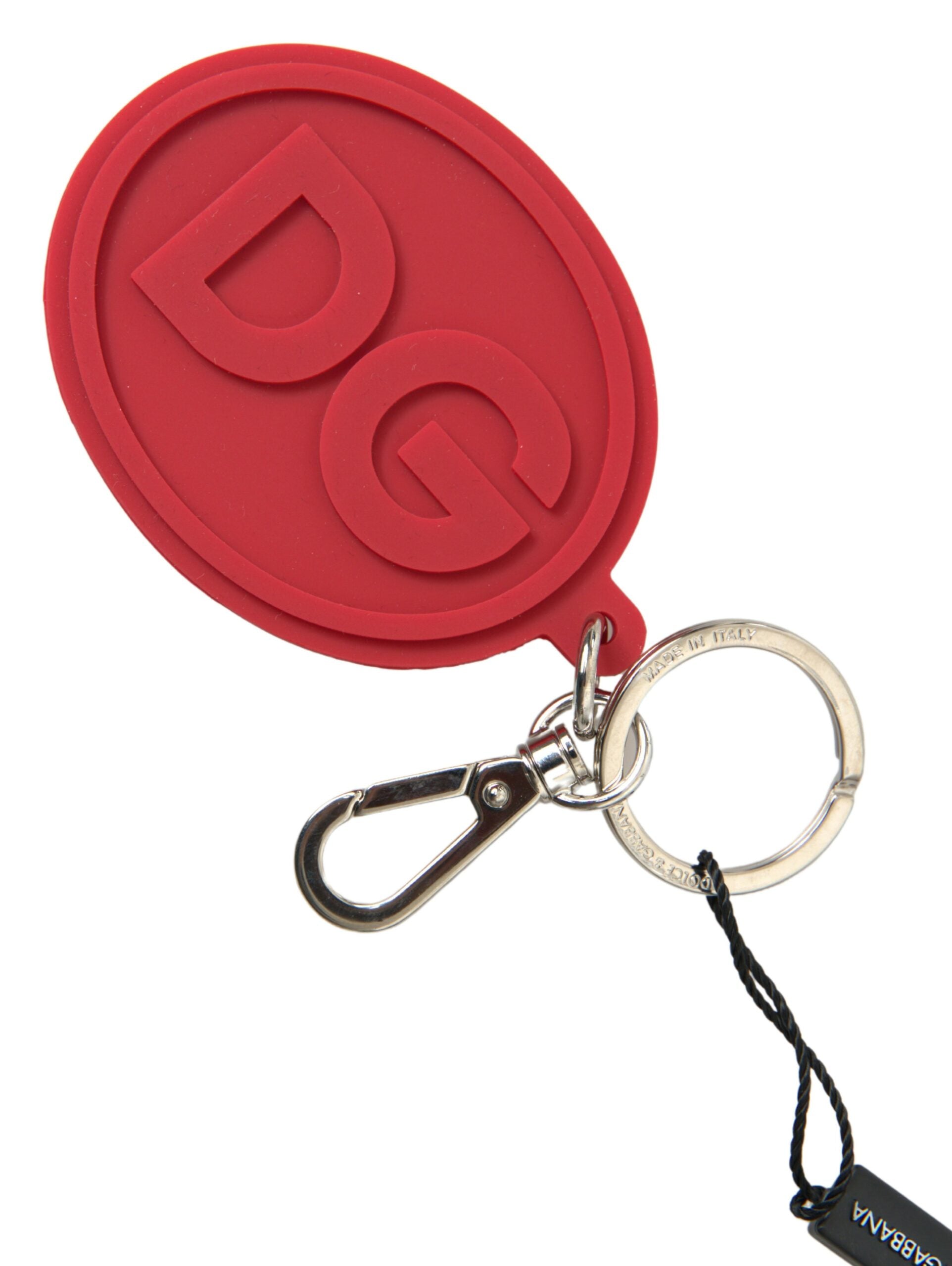 Dolce & Gabbana Red Rubber DG Logo Silver Brass Metal Keyring Keychain - Maison Luxe