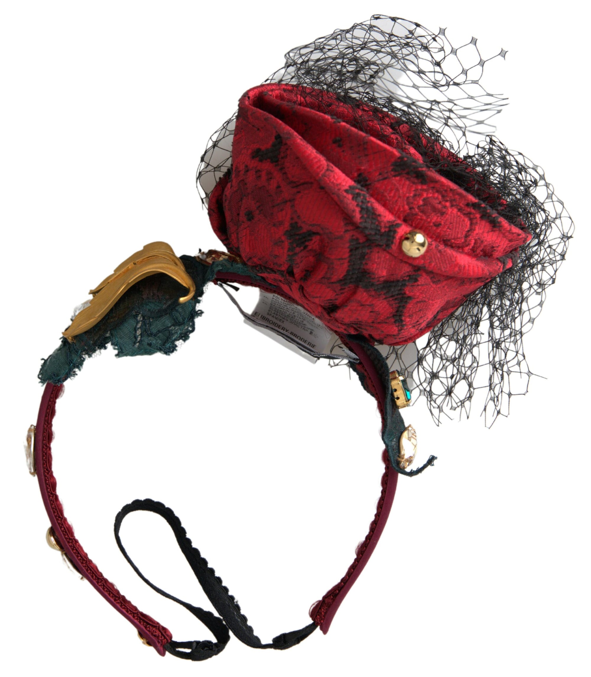 Dolce & Gabbana Red with multicolor Rose Silk Crystal Netted Logo Diadem Headband - Maison Luxe
