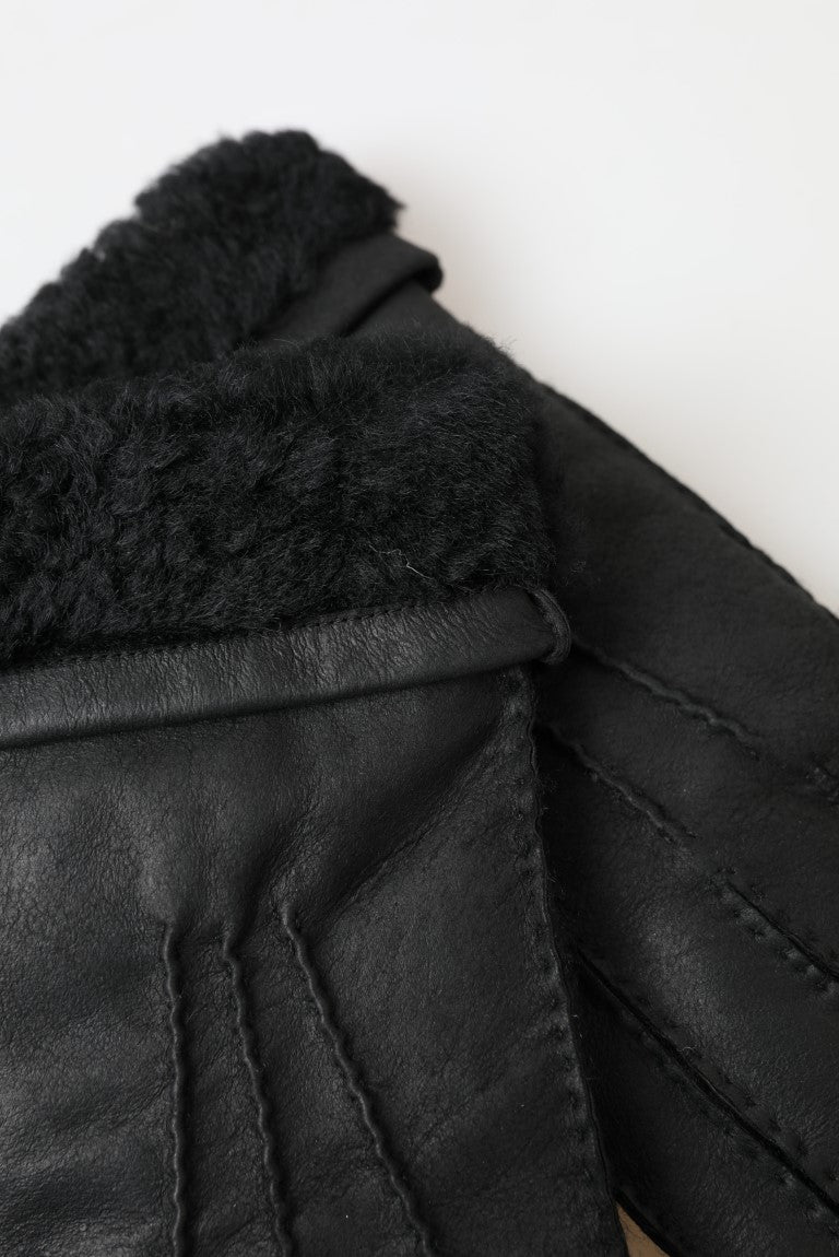 Dolce & Gabbana Black Leather Fur Short Hands Mitten Men Gloves - Maison Luxe