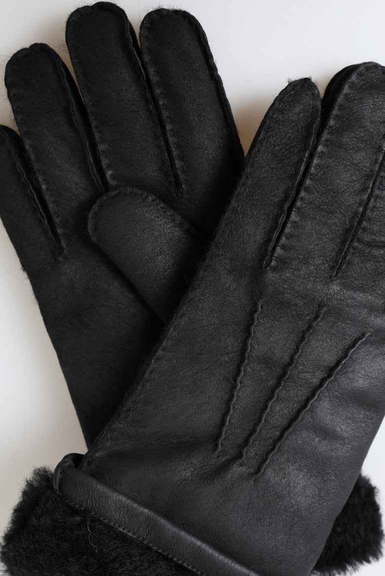 Dolce & Gabbana Black Leather Fur Short Hands Mitten Men Gloves - Maison Luxe