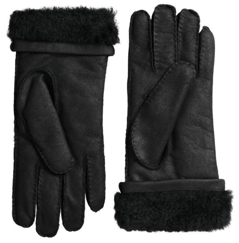 Dolce & Gabbana Black Leather Fur Short Hands Mitten Men Gloves - Maison Luxe