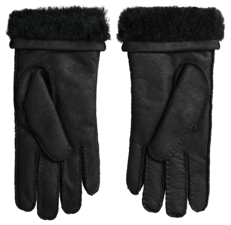 Dolce & Gabbana Black Leather Fur Short Hands Mitten Men Gloves - Maison Luxe