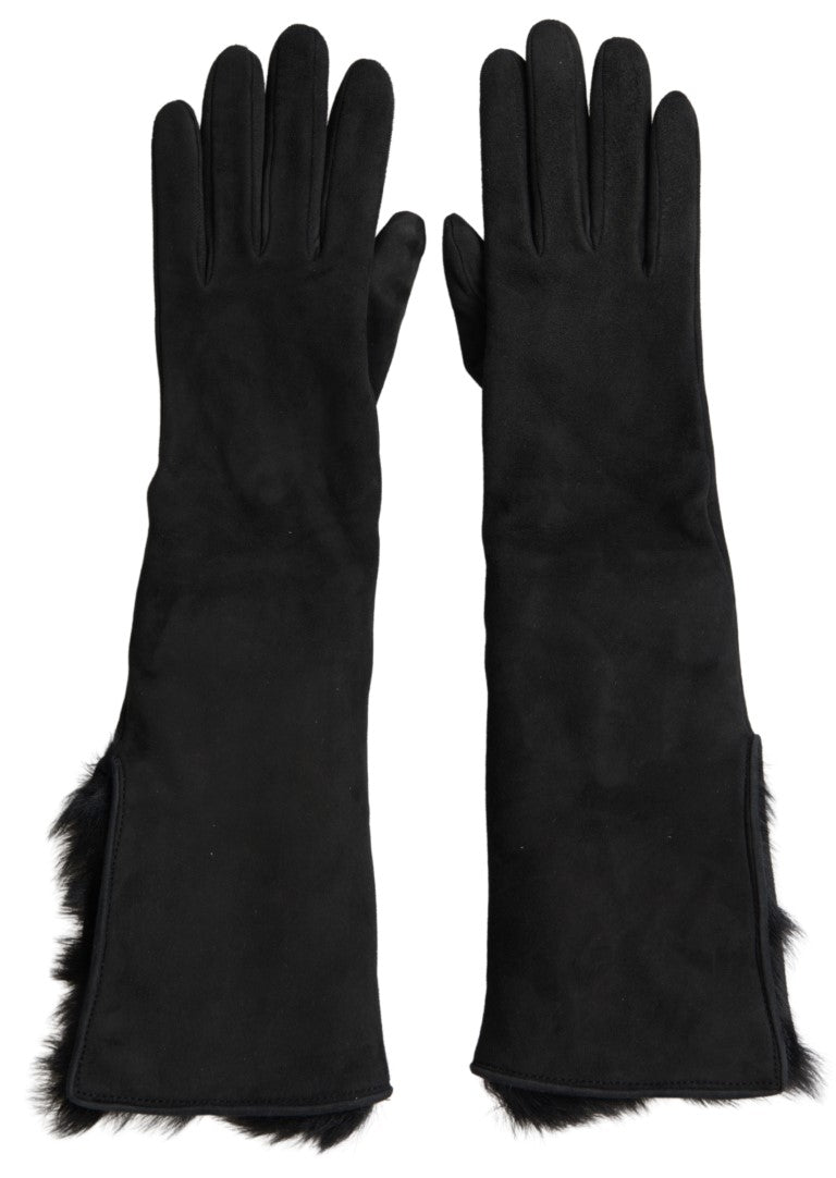 Dolce & Gabbana Black Leather Fur Elbow Length Gloves - Maison Luxe