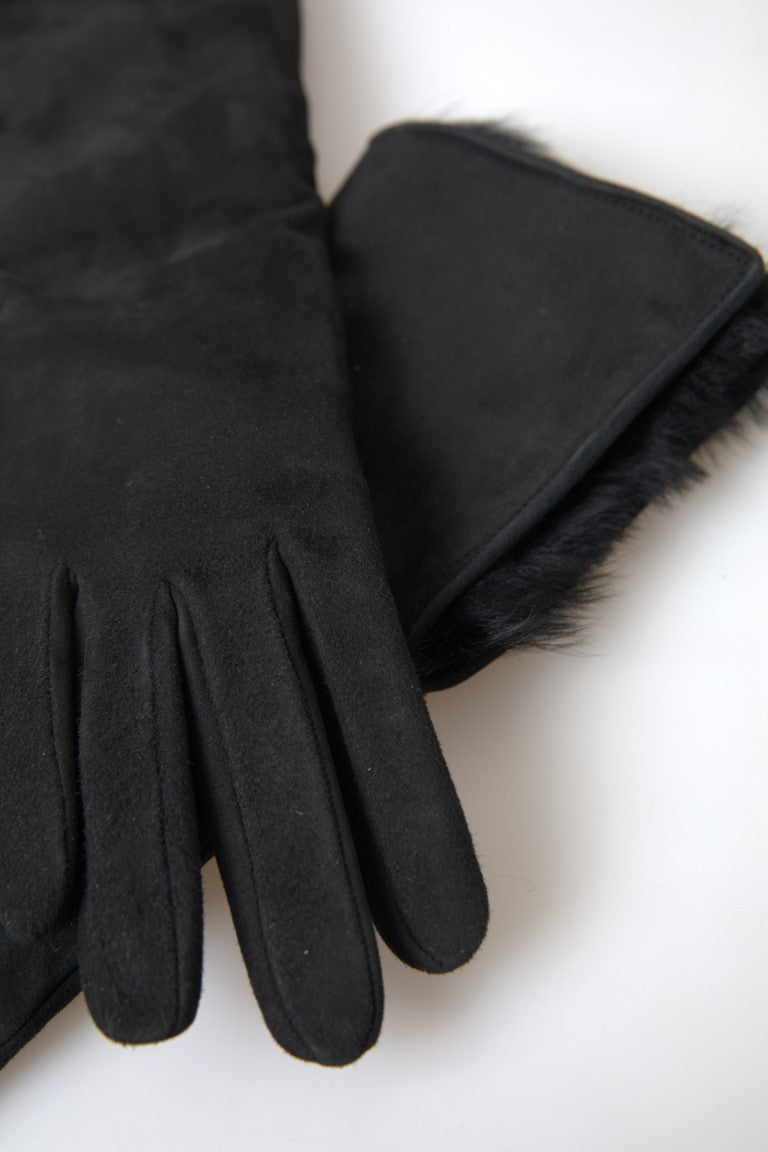 Dolce & Gabbana Black Leather Fur Elbow Length Gloves - Maison Luxe