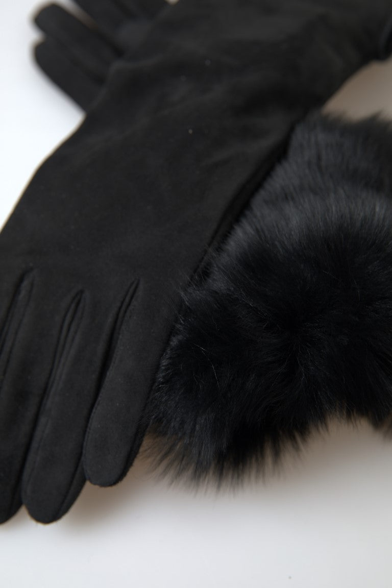 Dolce & Gabbana Black Leather Fur Elbow Length Gloves - Maison Luxe