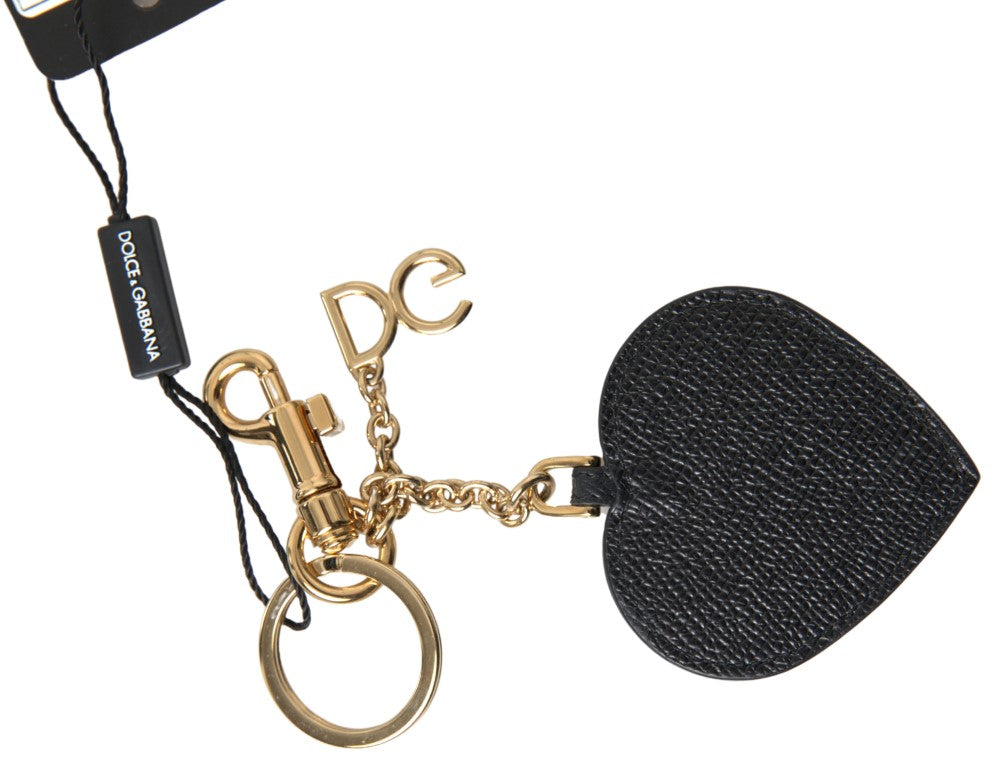 Dolce & Gabbana Black Fuchsia Heart Leather Gold Metal Keyring Keychain - Maison Luxe